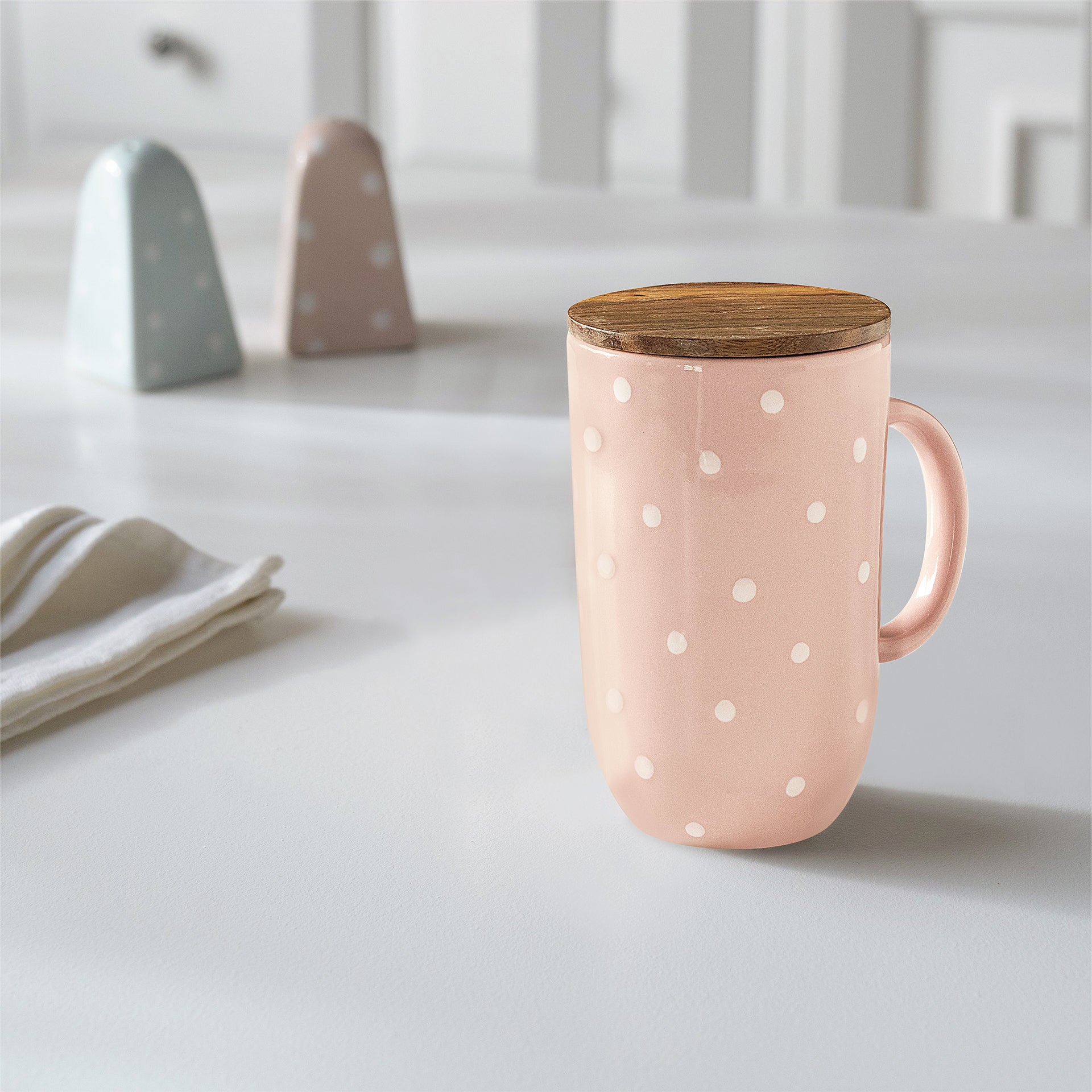 Blush Pink Polka Dot Tall Ceramic Mug with Wooden Lid