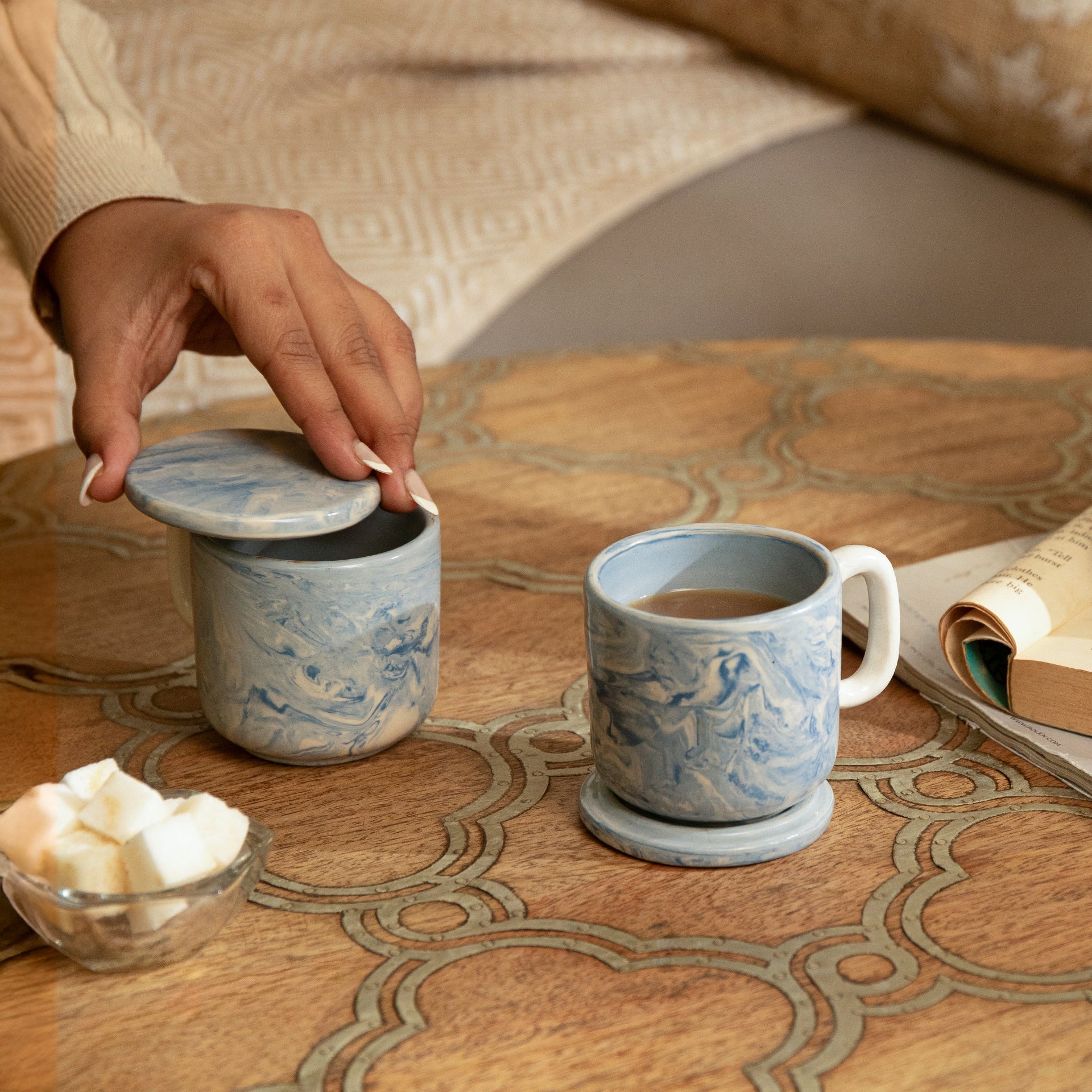 Marbled Ceramic Mug Set of 2 with Ceramic Lid