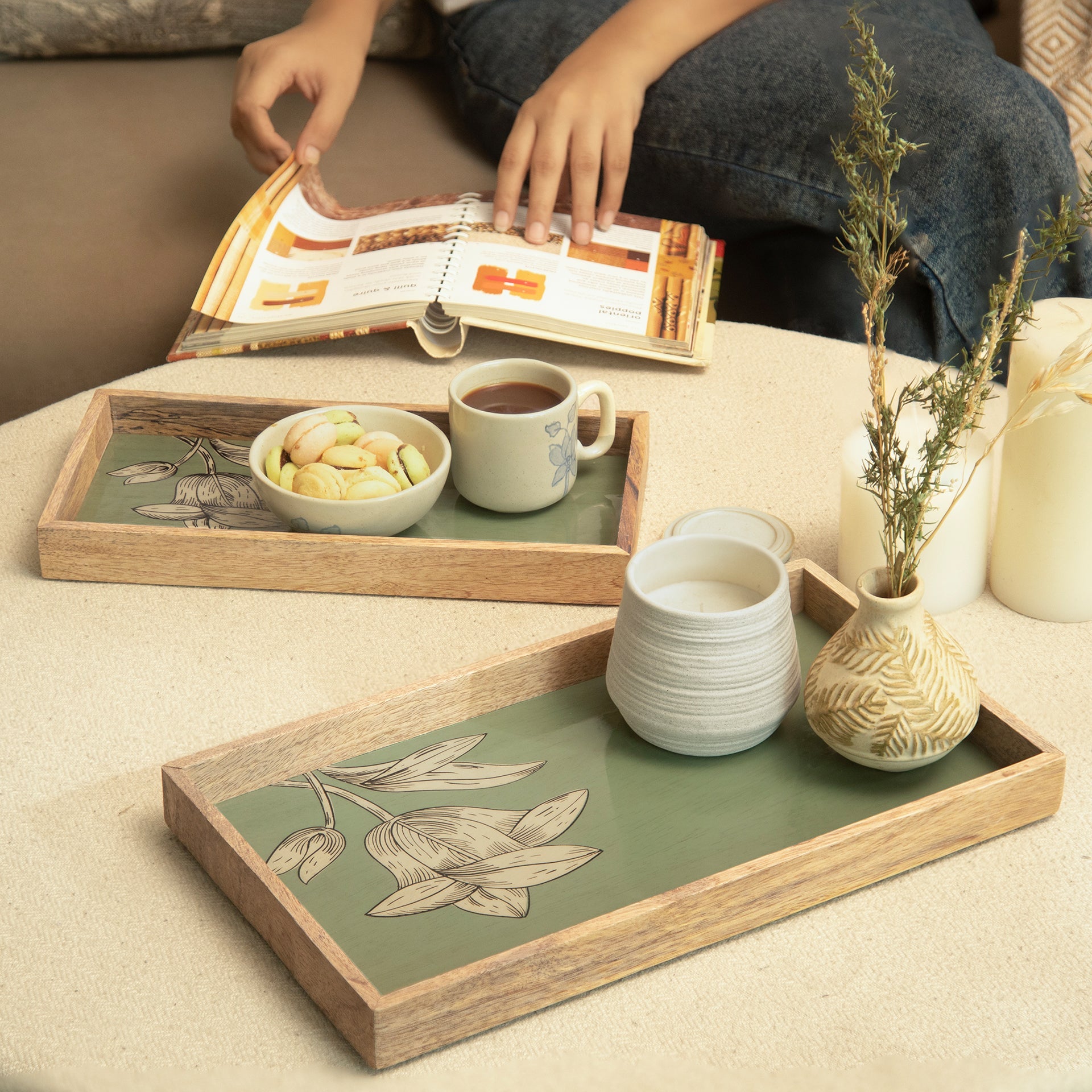 Handpainted Floral Wooden Tray Set of 2