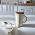 Lemon Striped Tall Ceramic Mug with Wooden Lid