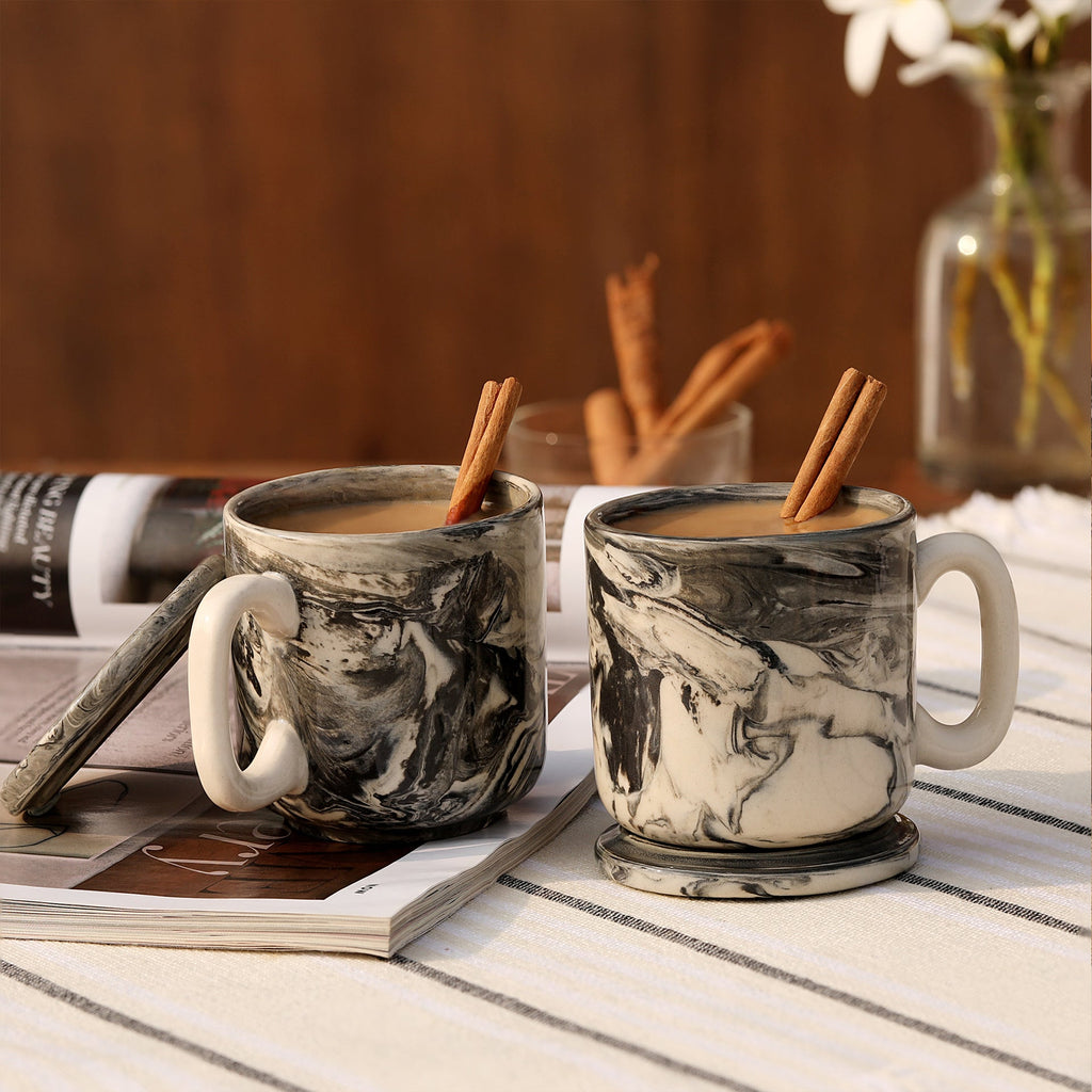 Dark Marbled Ceramic Mug Set of 2 with Lid