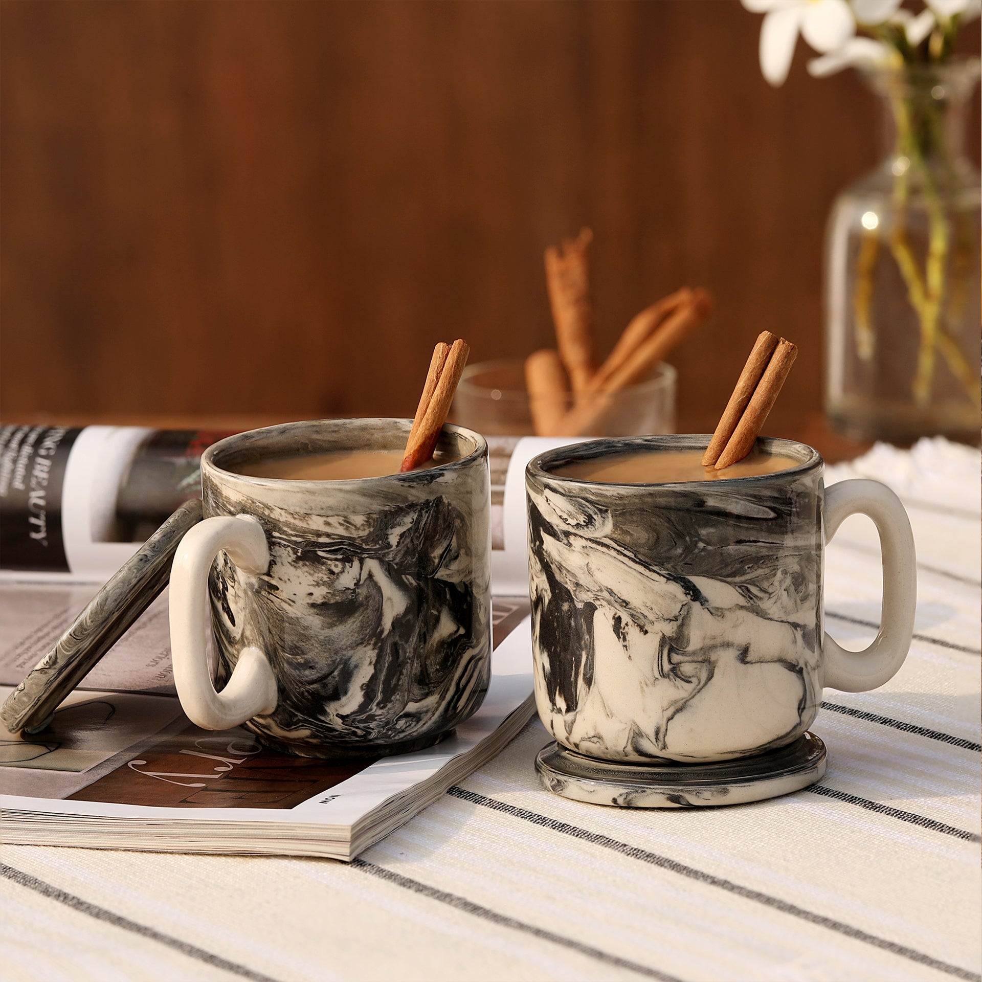 Dark Marbled Ceramic Mug Set of 2 with Lid