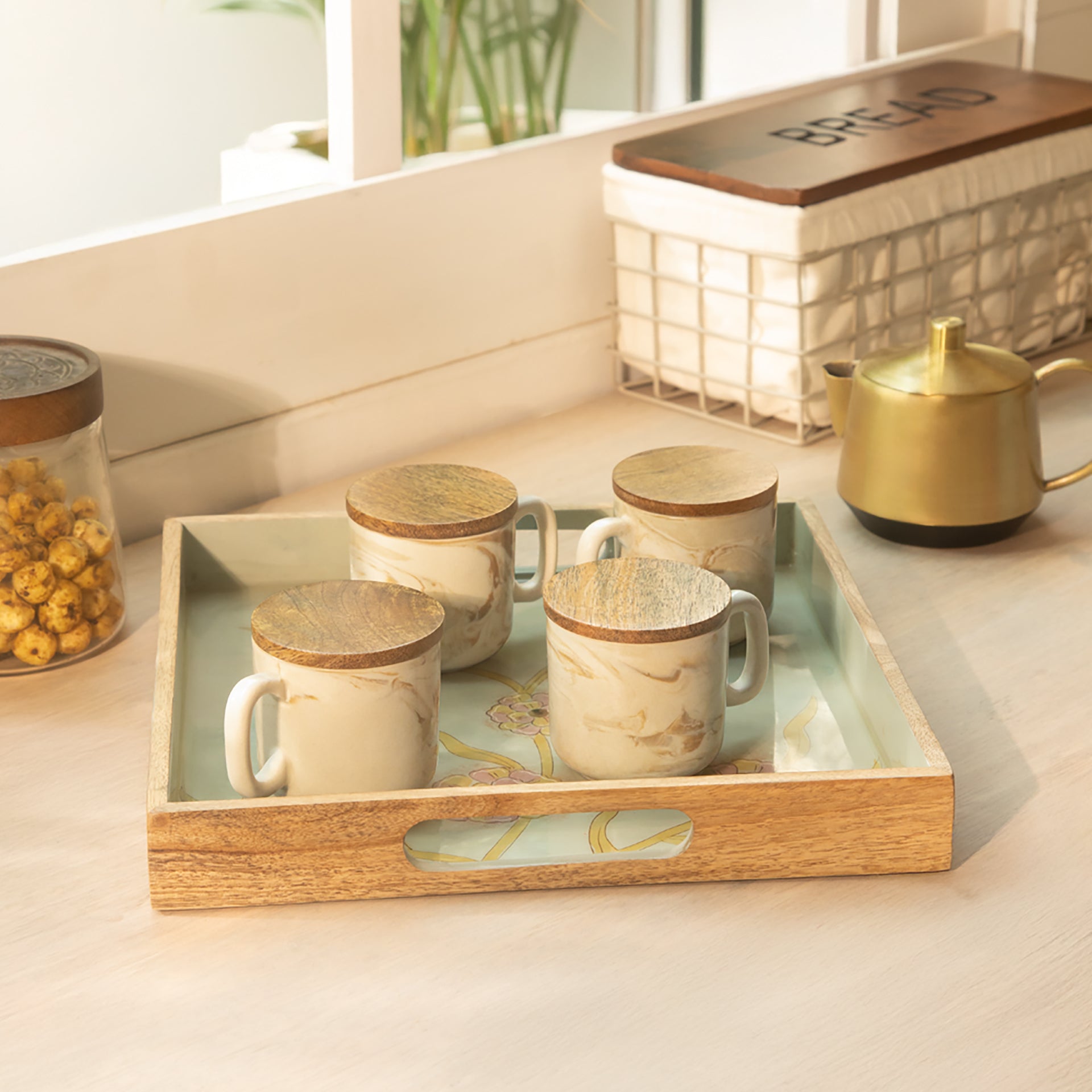 Marbled Stoneware Mug Set of 4 with Wooden Lid