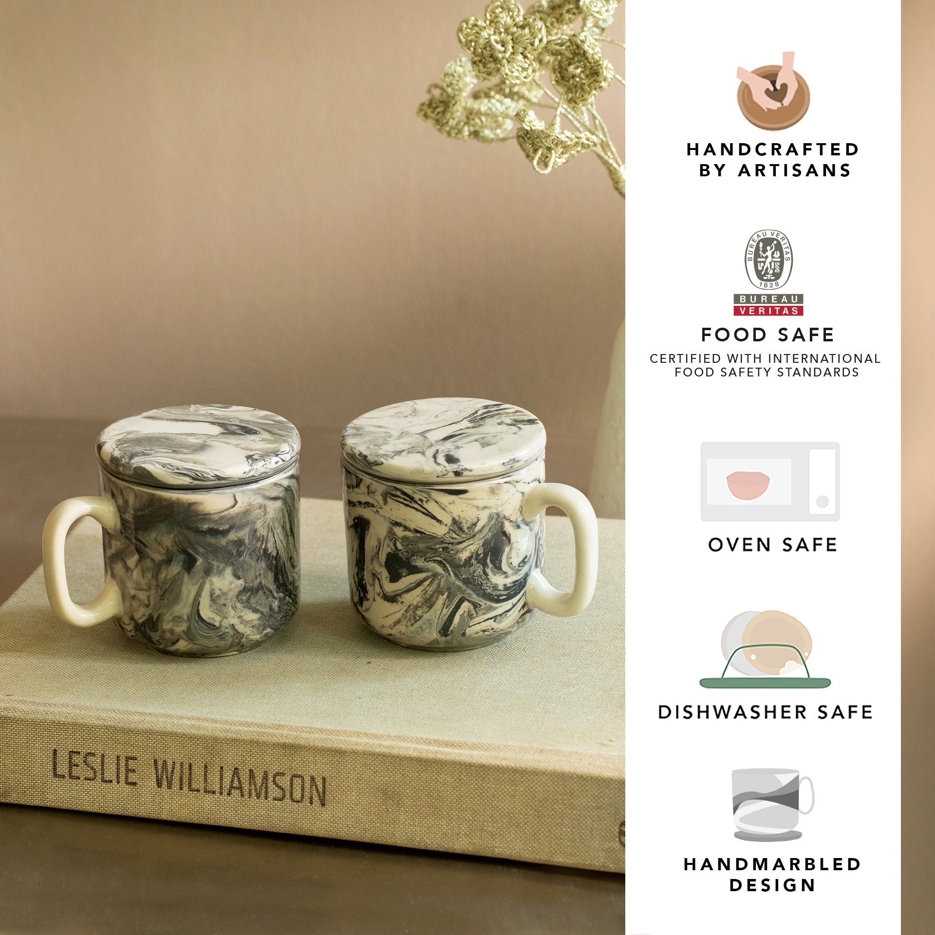 Dark Marbled Ceramic Mug Set of 2 with Lid