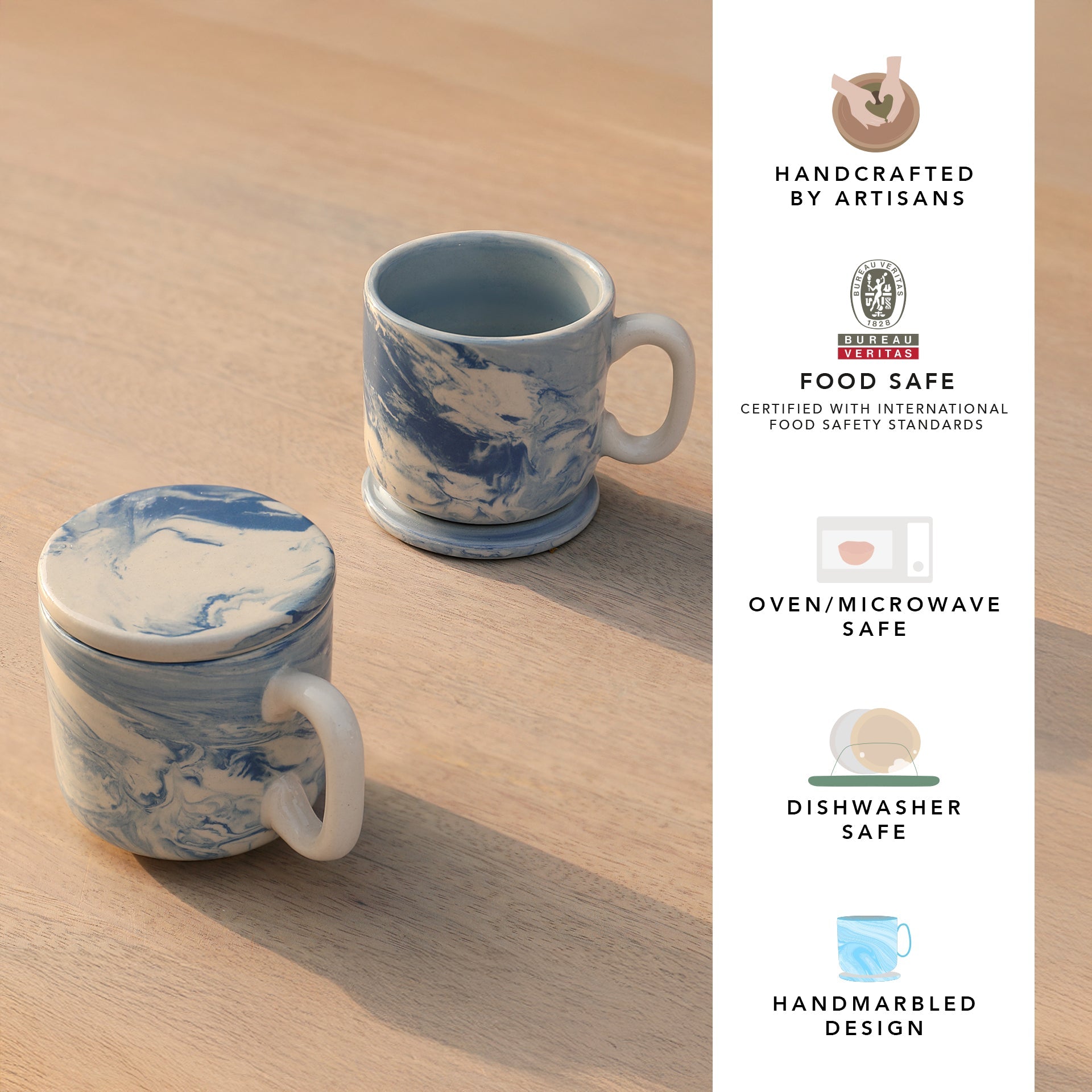 Marbled Ceramic Mug Set of 2 with Ceramic Lid