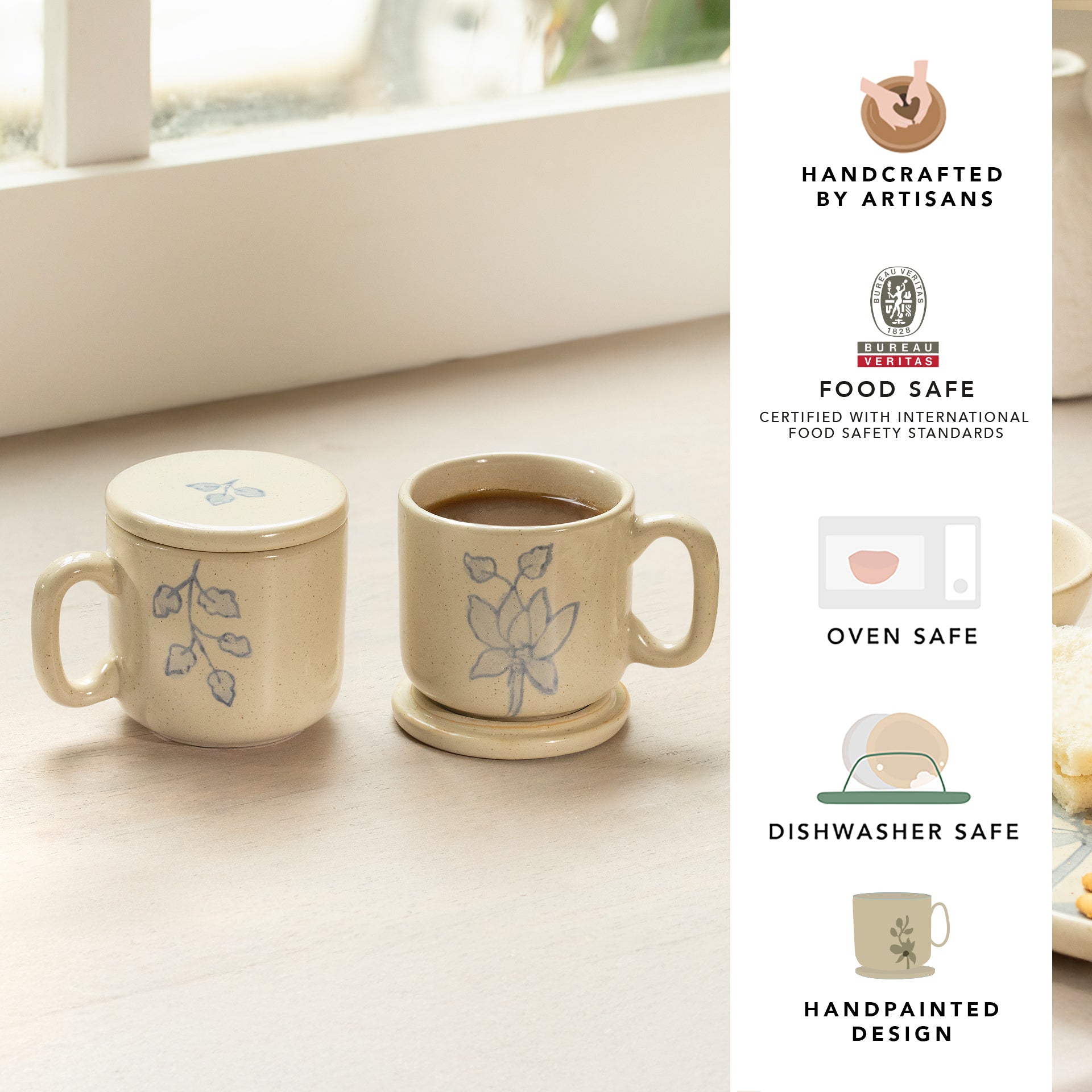 Blue Floral Ceramic Mug Set of 2 with Lid