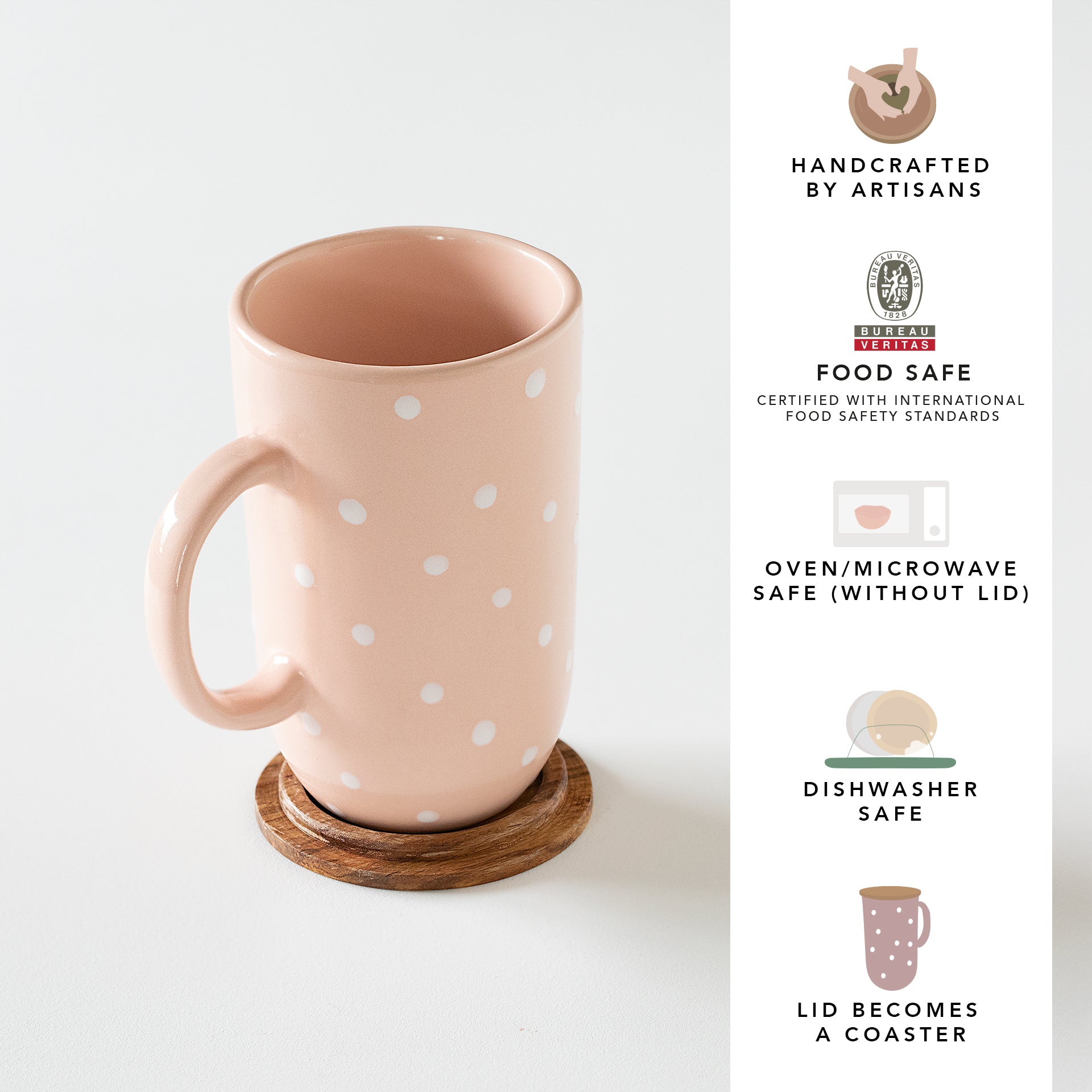 Blush Pink Polka Dot Tall Ceramic Mug with Wooden Lid