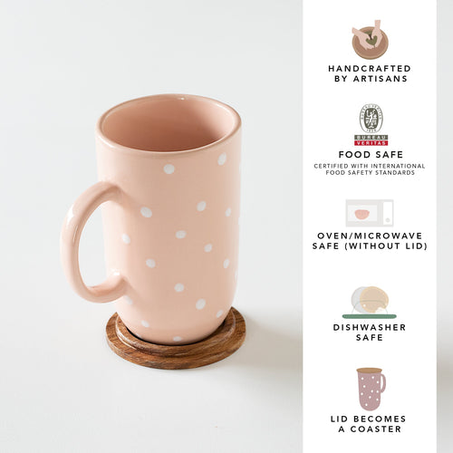 Blush Pink Polka Dot Tall Ceramic Mug with Wooden Lid
