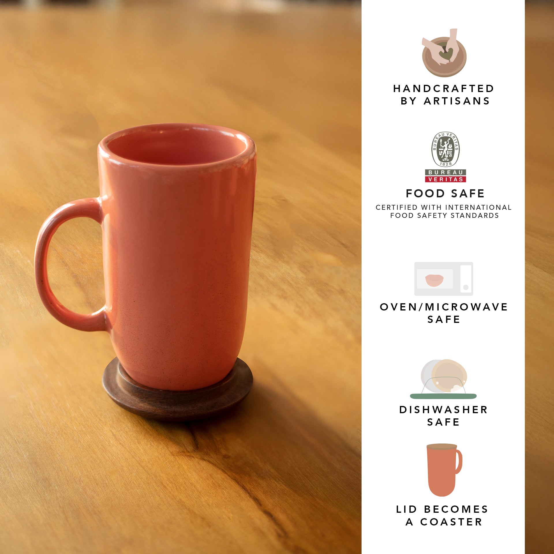 Coral Ceramic Mug with Wooden Lid