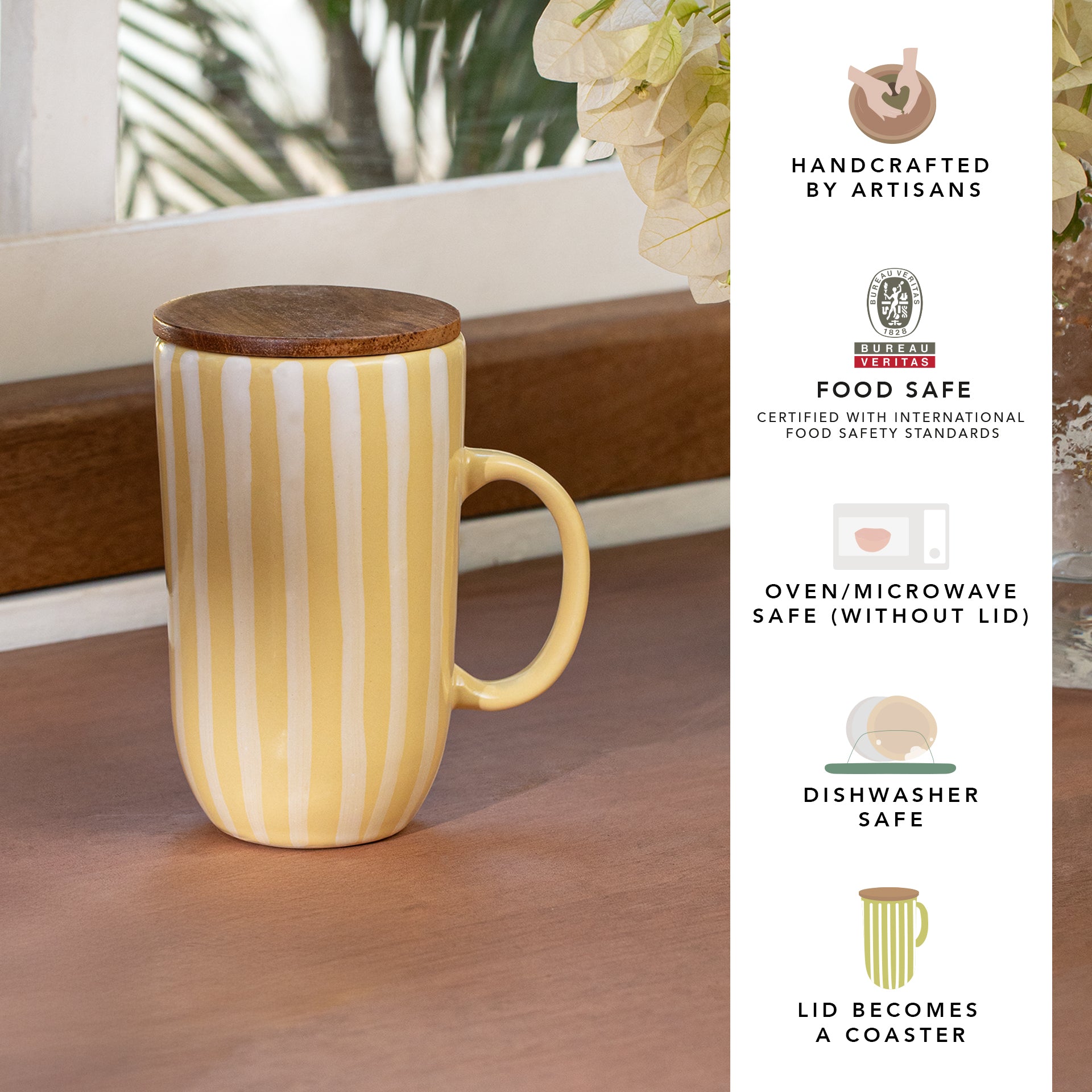 Lemon Striped Tall Ceramic Mug with Wooden Lid