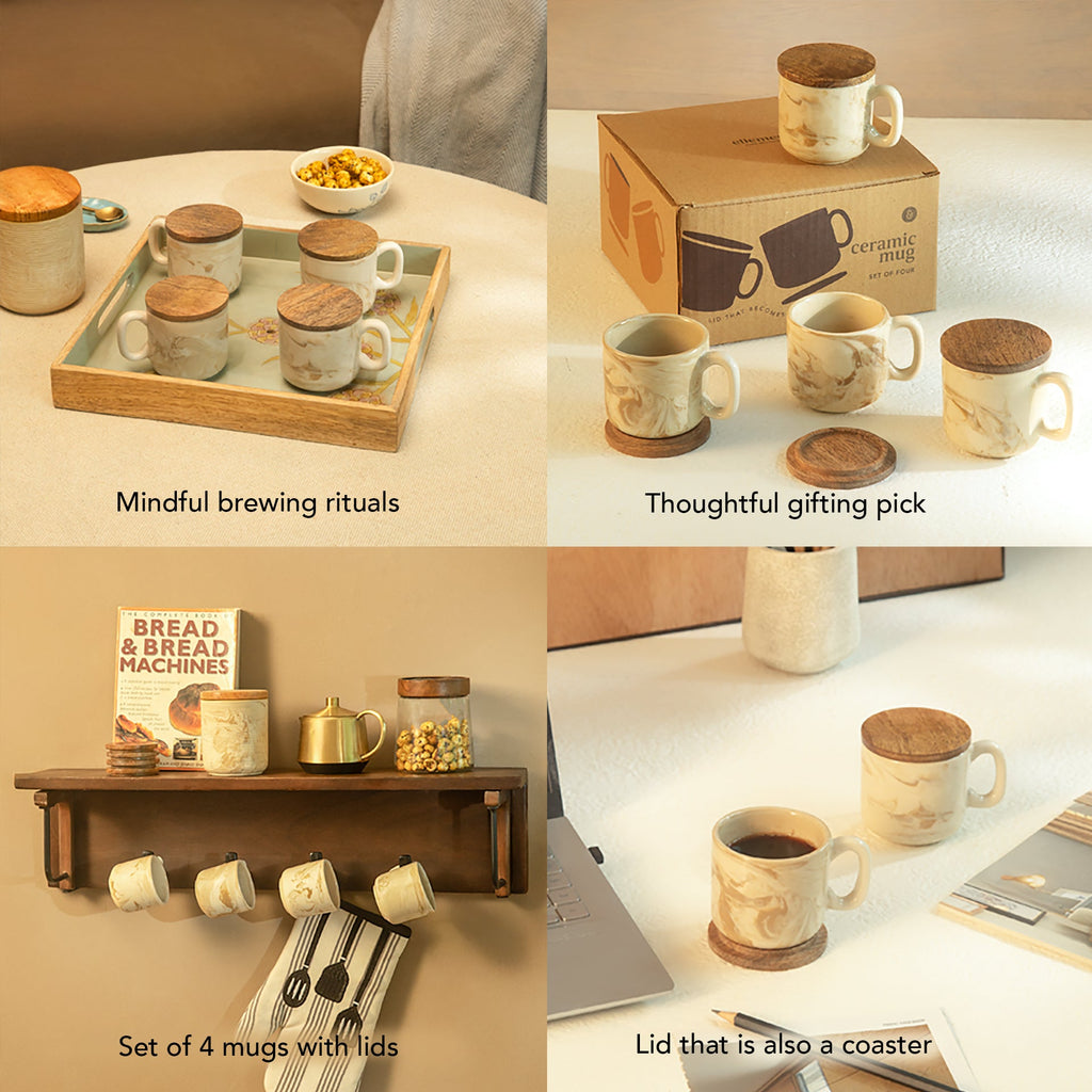 Marbled Stoneware Mug Set of 4 with Wooden Lid