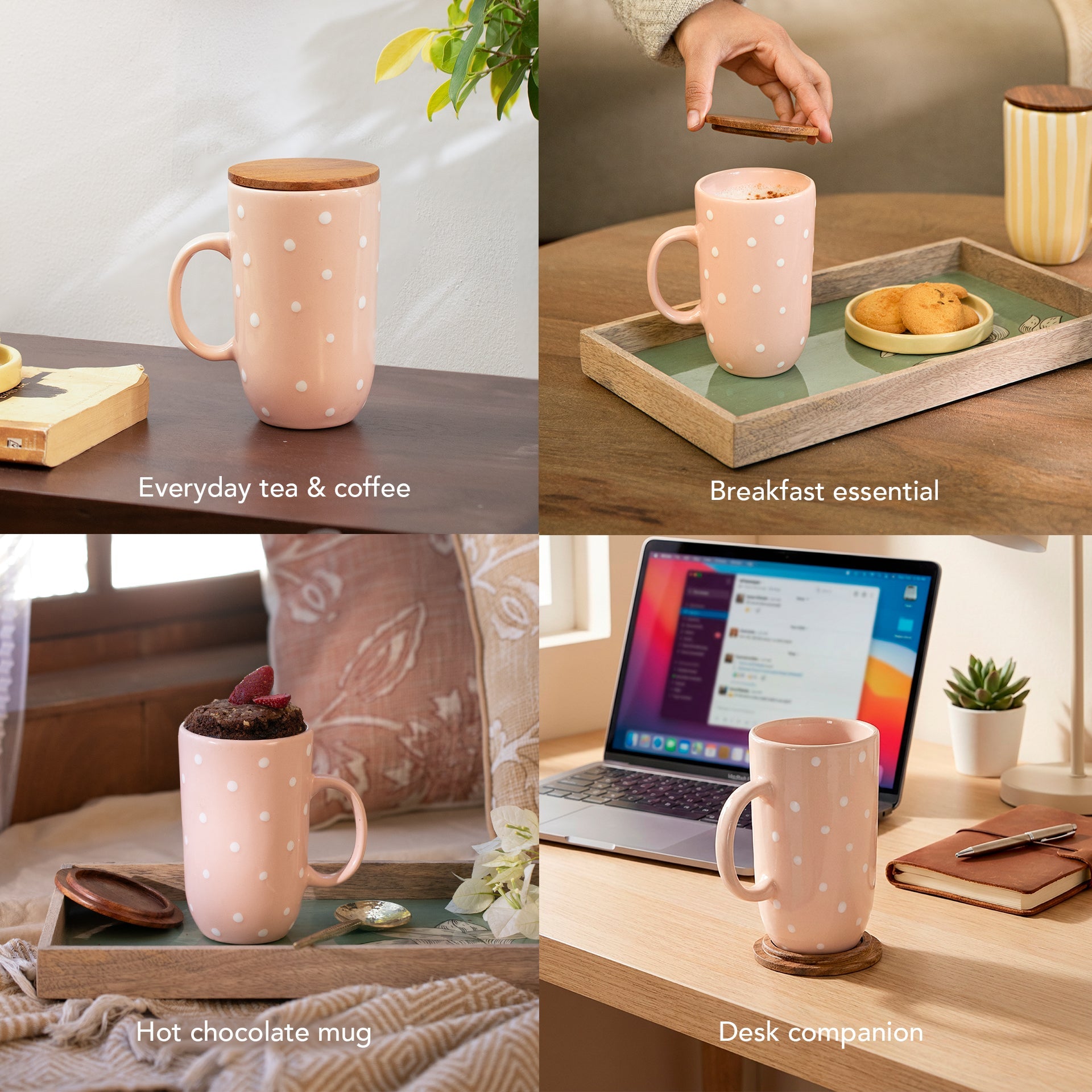 Blush Pink Polka Dot Tall Ceramic Mug with Wooden Lid