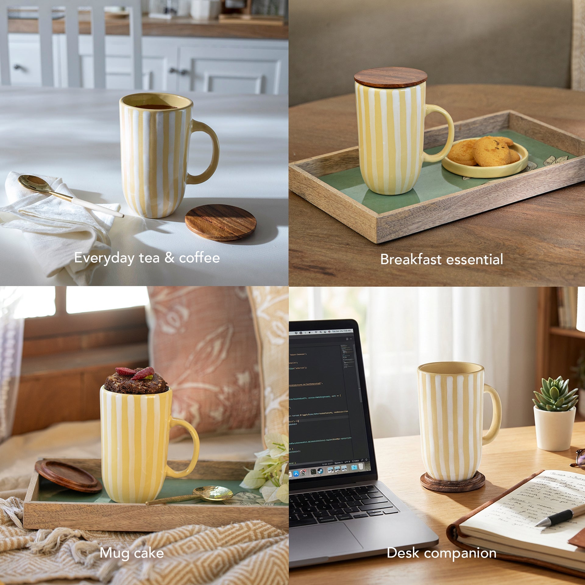 Lemon Striped Tall Ceramic Mug with Wooden Lid