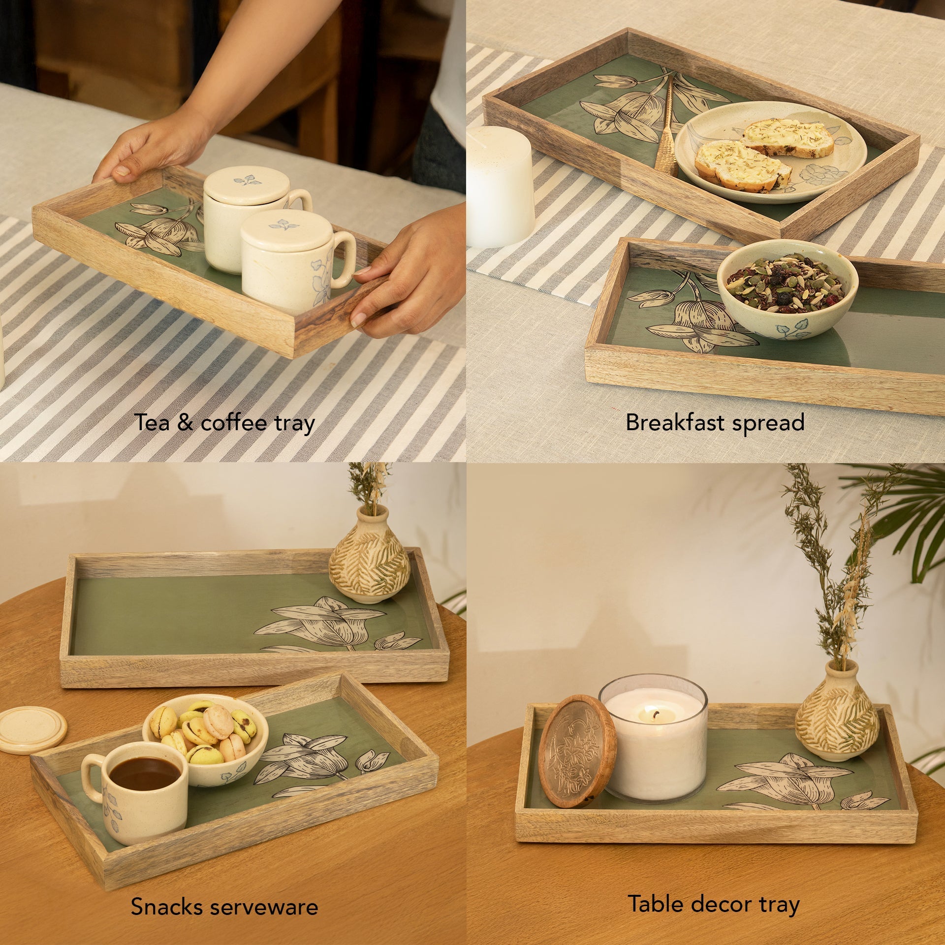 Handpainted Floral Wooden Tray Set of 2