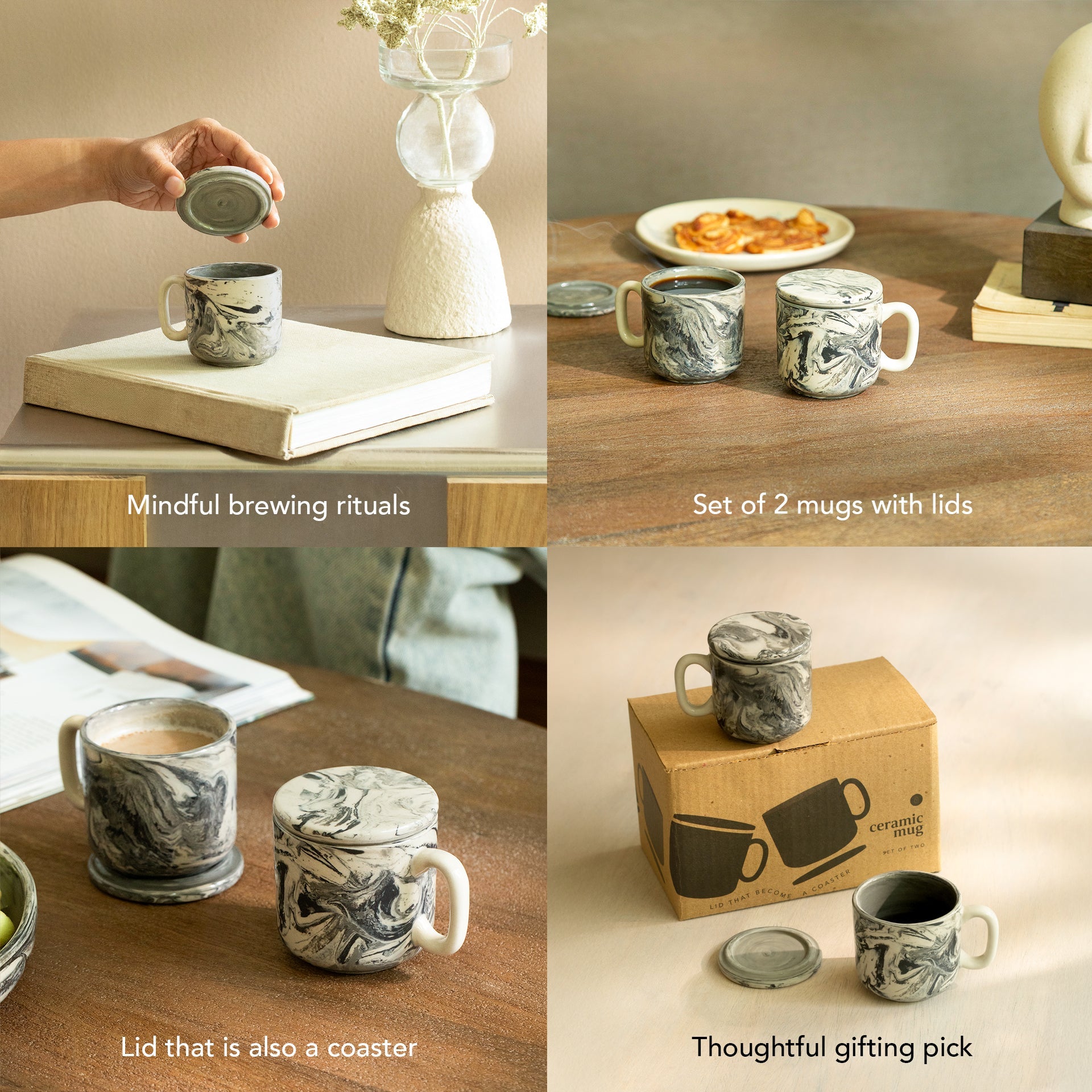 Dark Marbled Ceramic Mug Set of 2 with Lid