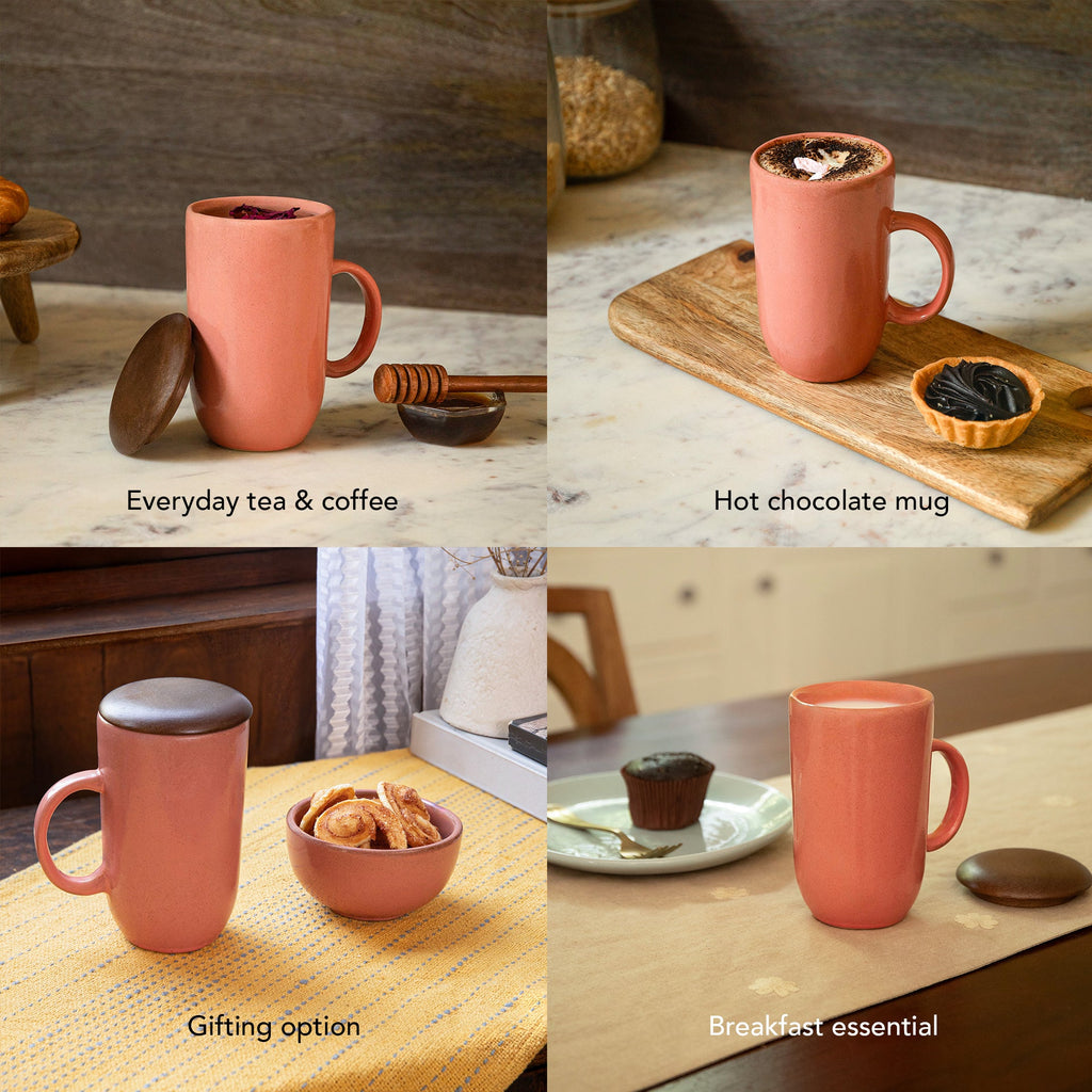 Coral Ceramic Mug with Wooden Lid