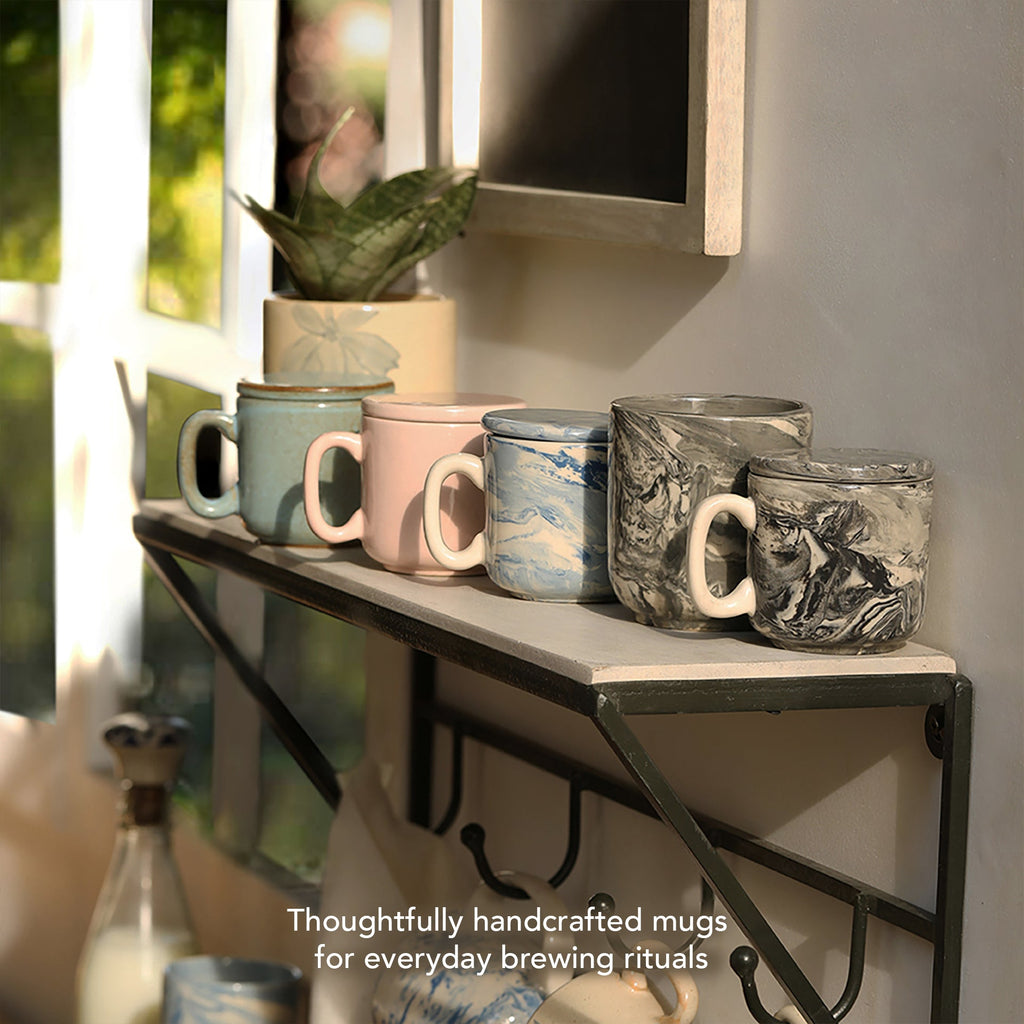 Dark Marbled Ceramic Mug Set of 2 with Lid