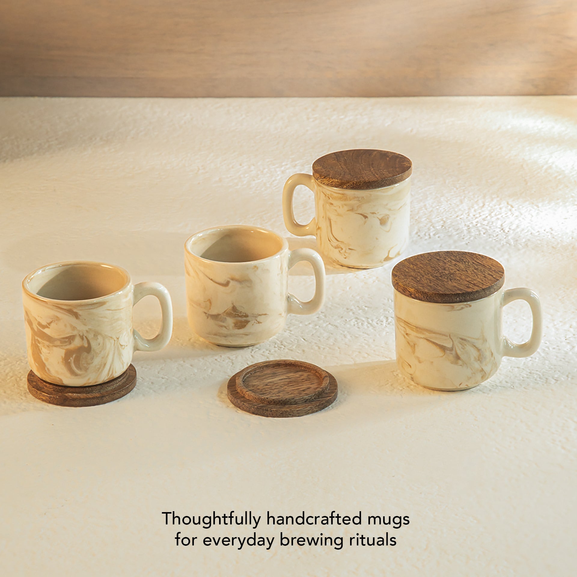 Marbled Stoneware Mug Set of 4 with Wooden Lid