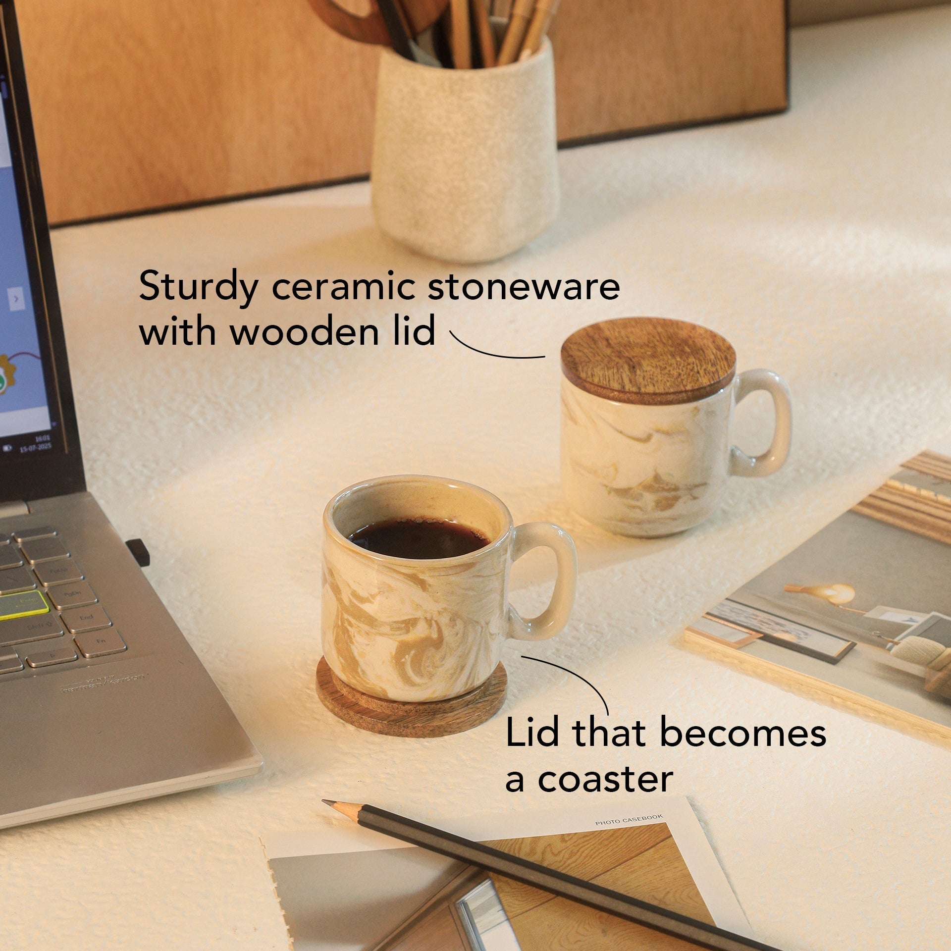 Marbled Stoneware Mug Set of 4 with Wooden Lid