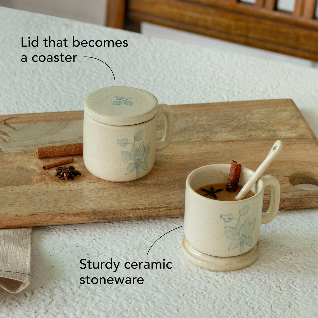 Blue Floral Ceramic Mug Set of 2 with Lid