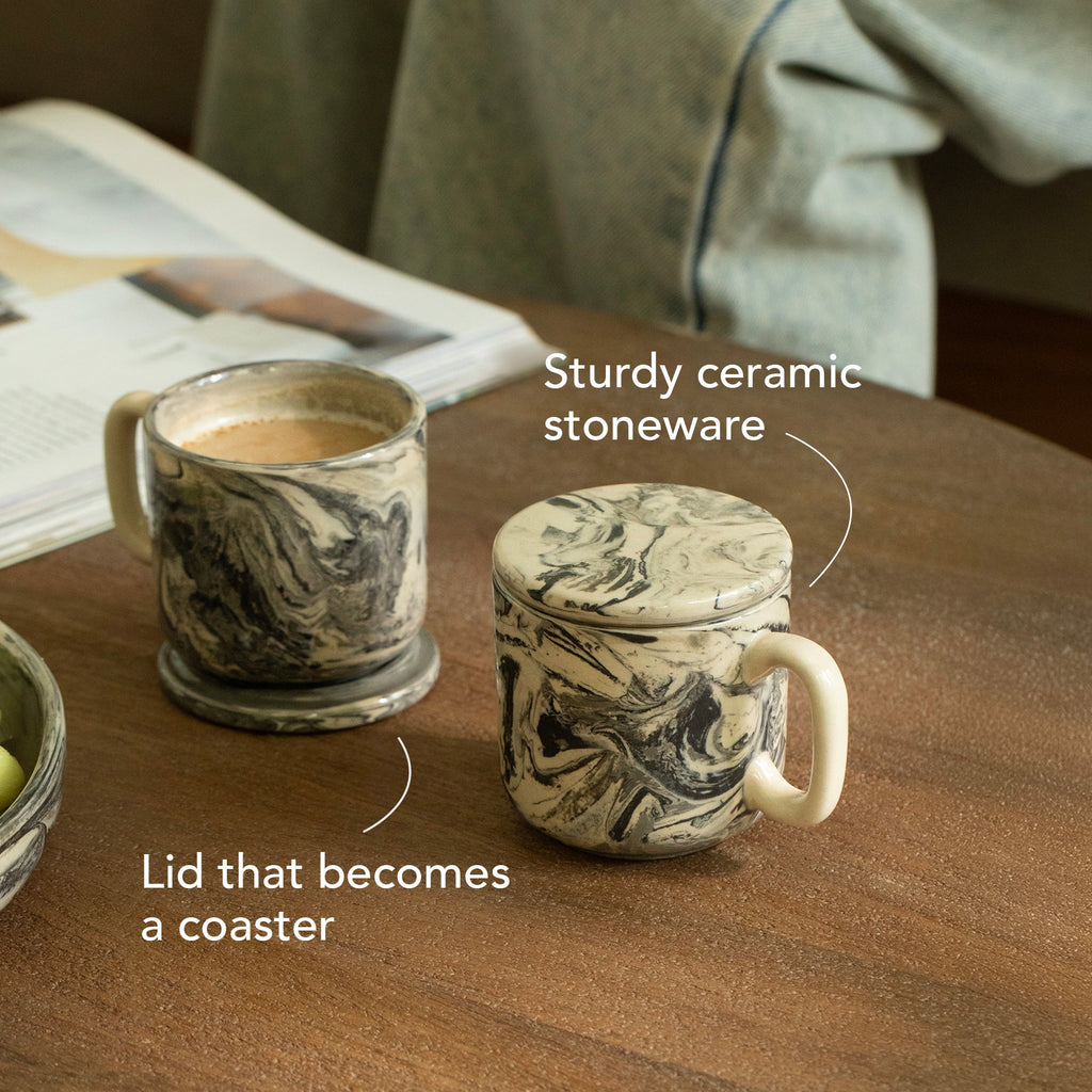 Dark Marbled Ceramic Mug Set of 2 with Lid