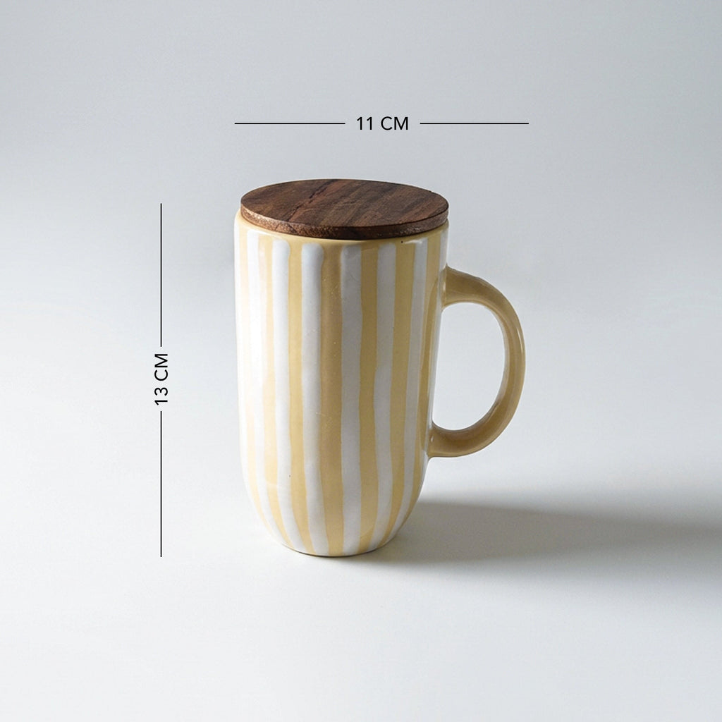 Lemon Striped Tall Ceramic Mug with Wooden Lid