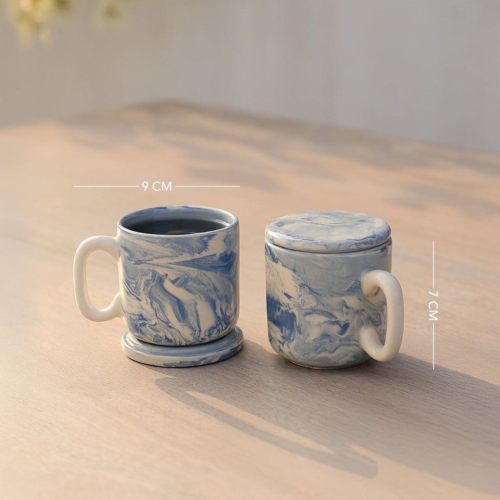 Marbled Ceramic Mug Set of 2 with Ceramic Lid