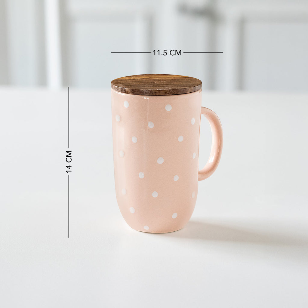 Blush Pink Polka Dot Tall Ceramic Mug with Wooden Lid