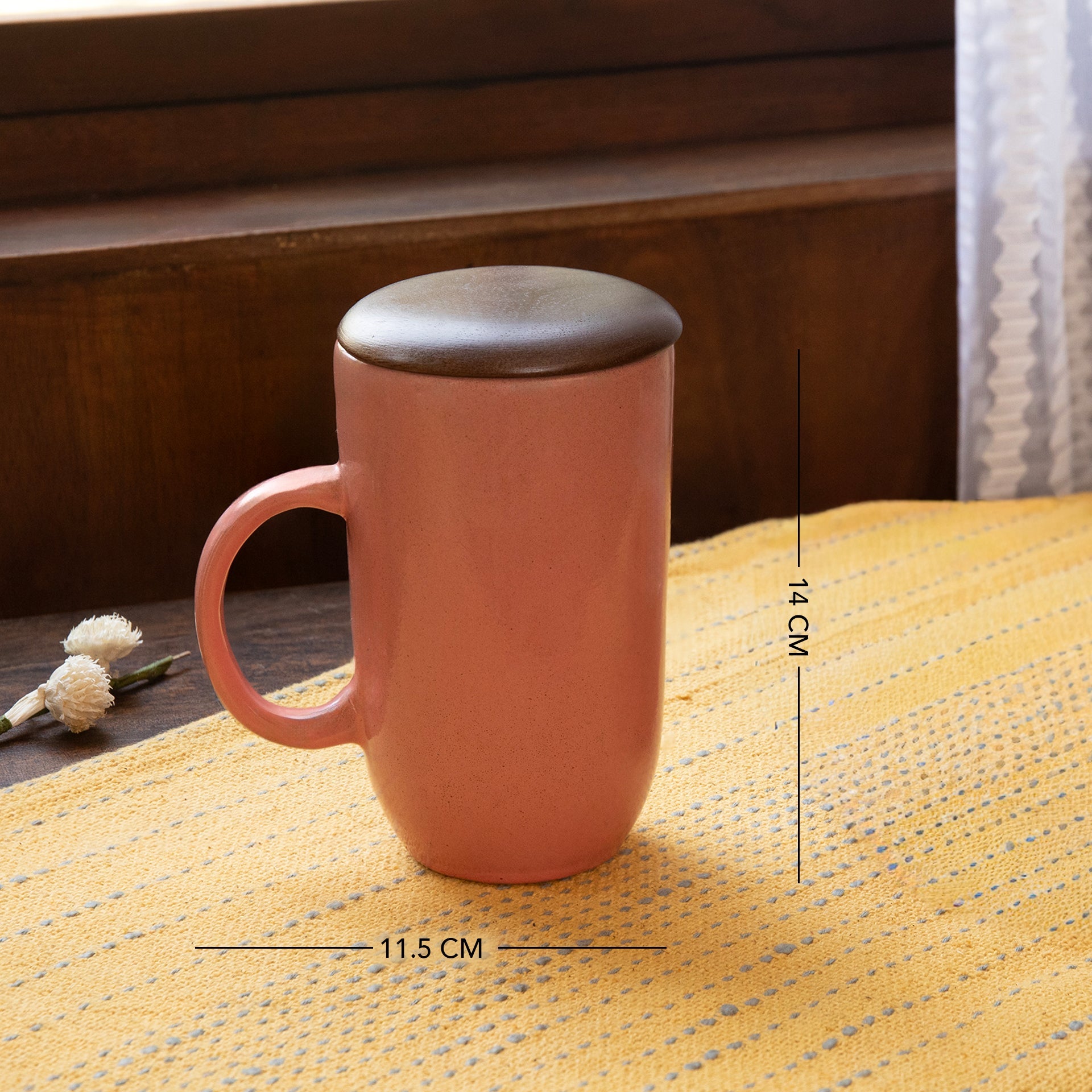Coral Ceramic Mug with Wooden Lid