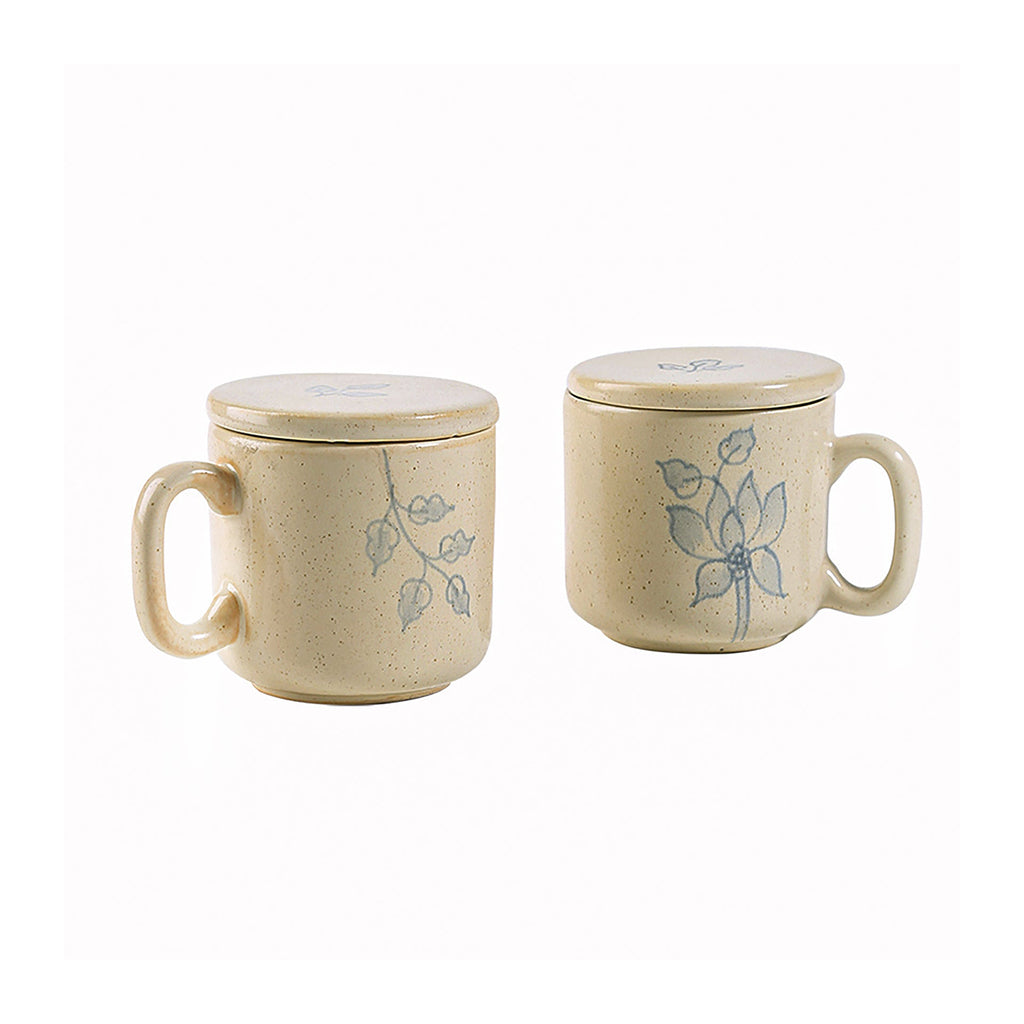 Blue Floral Ceramic Mug Set of 2 with Lid