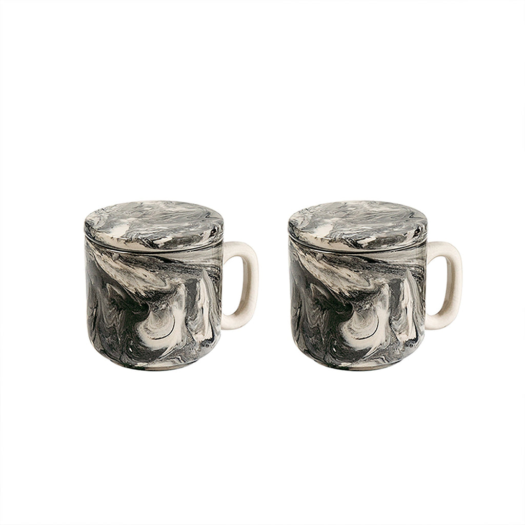 Dark Marbled Ceramic Mug Set of 2 with Lid