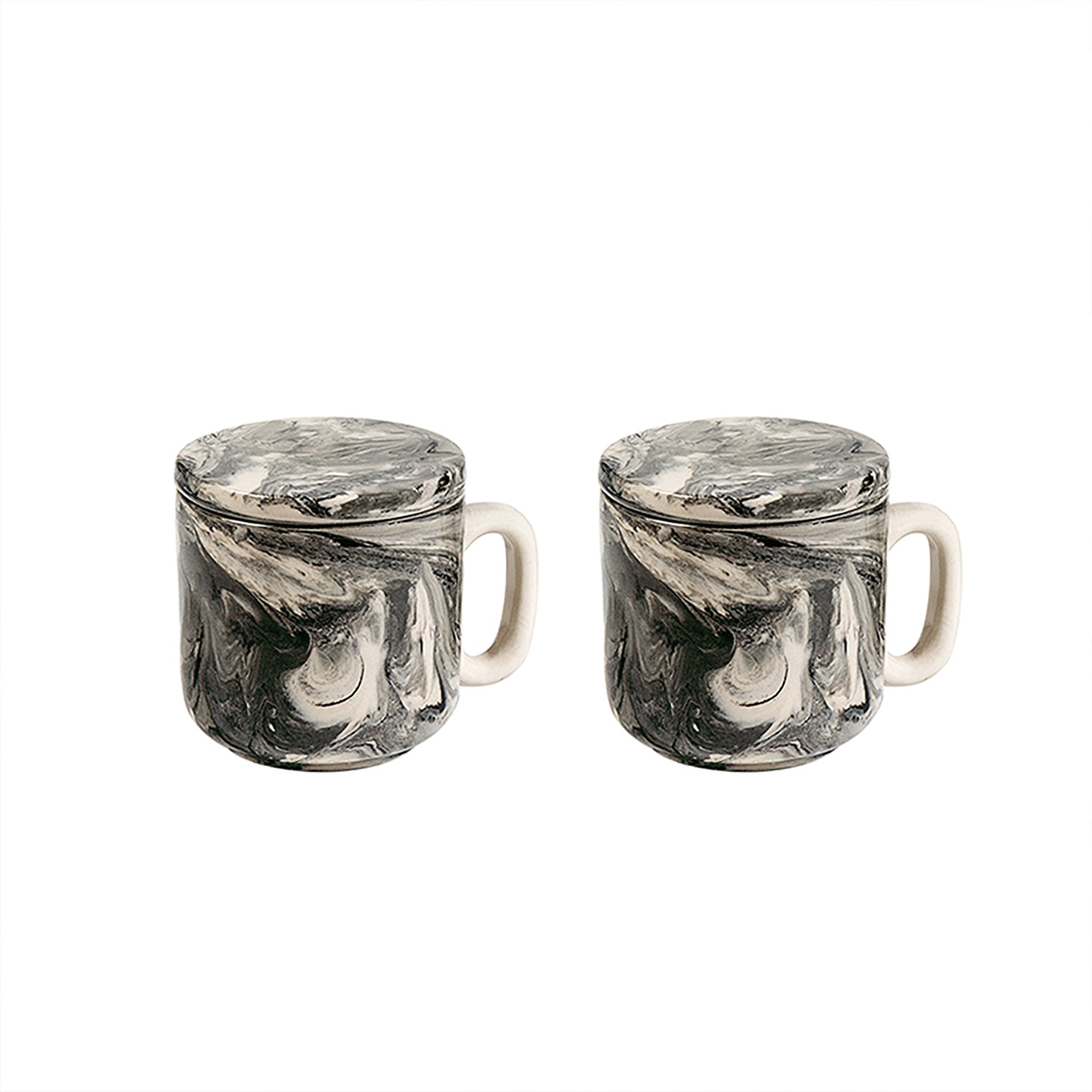 Dark Marbled Ceramic Mug Set of 2 with Lid
