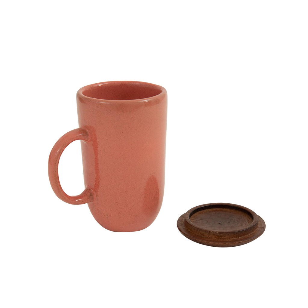 Coral Ceramic Mug with Wooden Lid