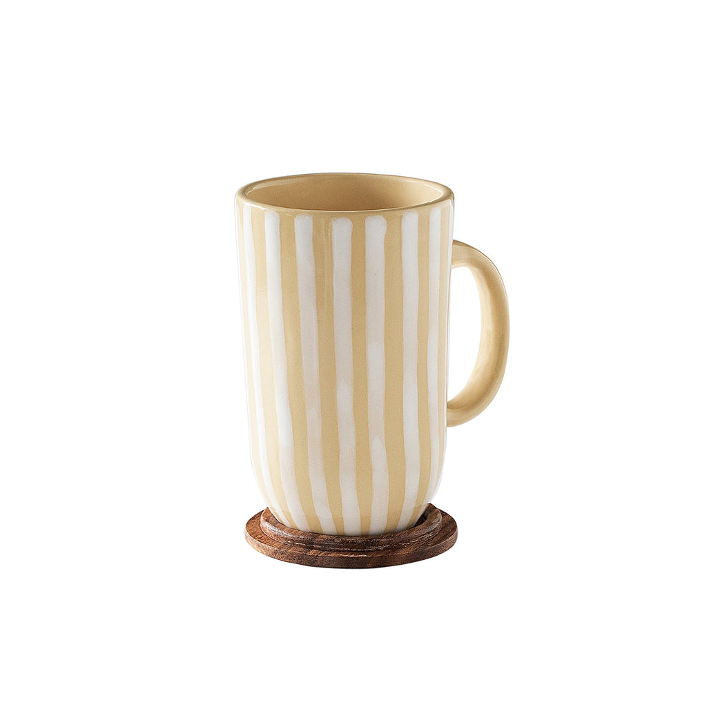 Lemon Striped Tall Ceramic Mug with Wooden Lid