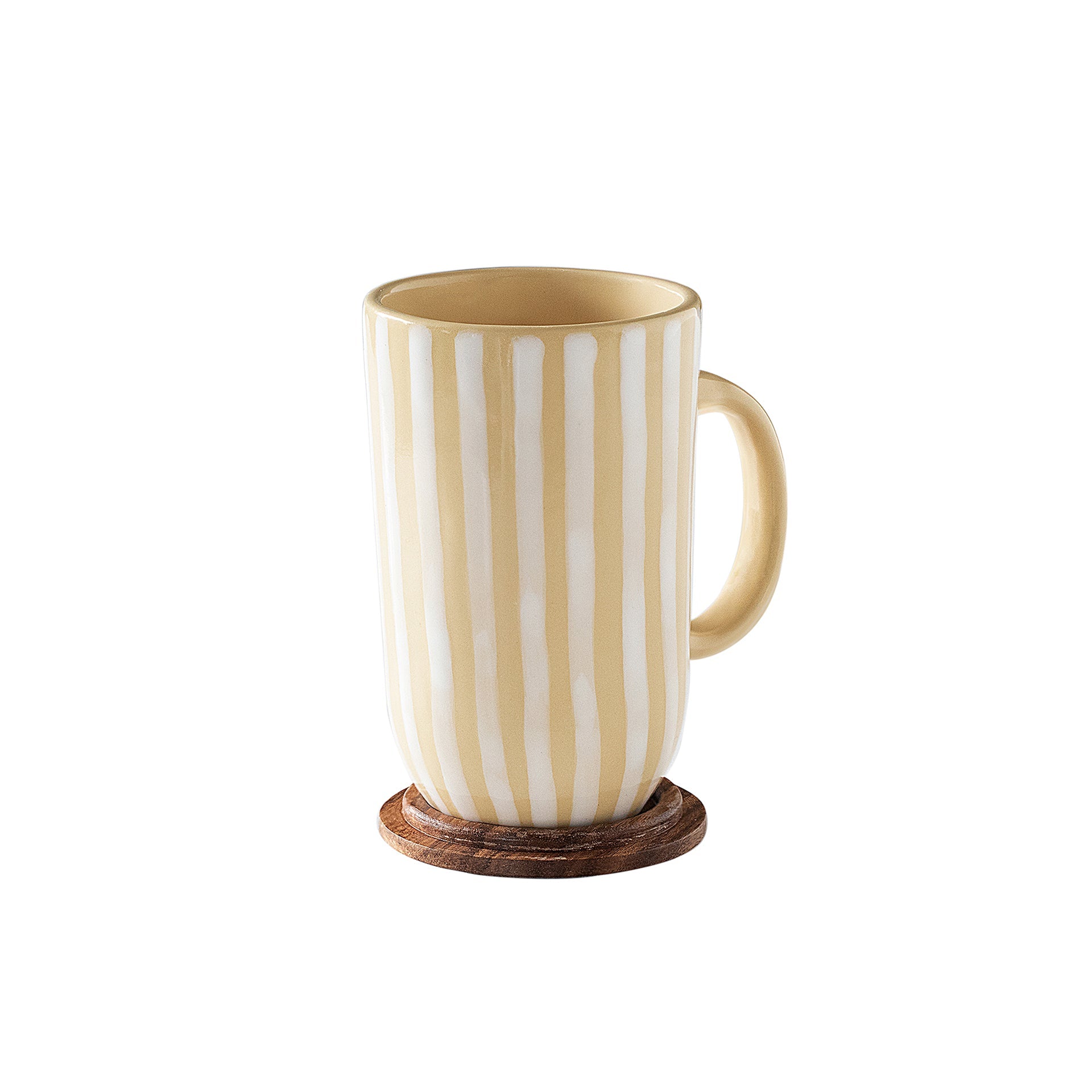 Lemon Striped Tall Ceramic Mug with Wooden Lid