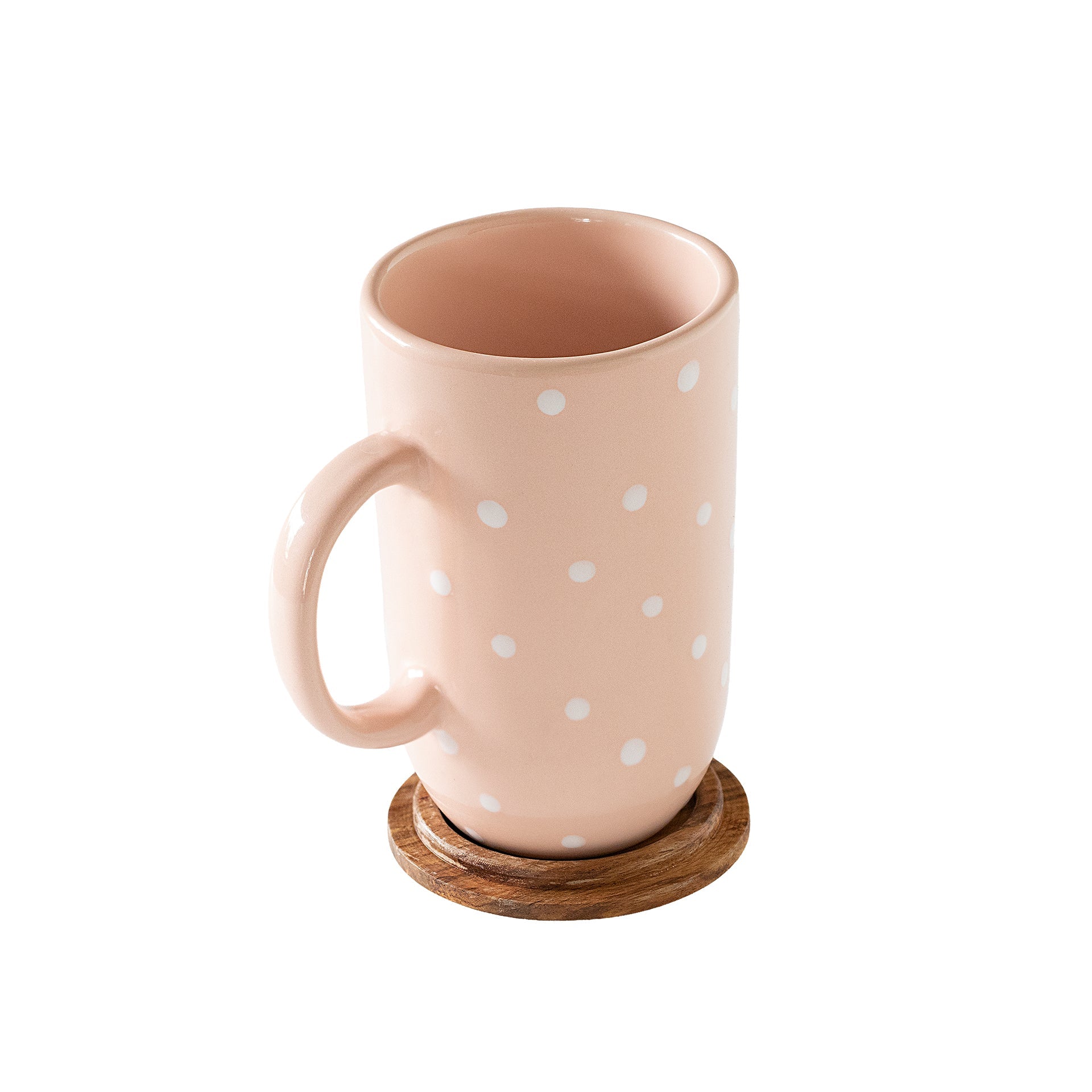 Blush Pink Polka Dot Tall Ceramic Mug with Wooden Lid