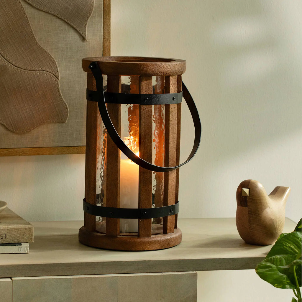 Round Wood & Glass Lantern - Brown