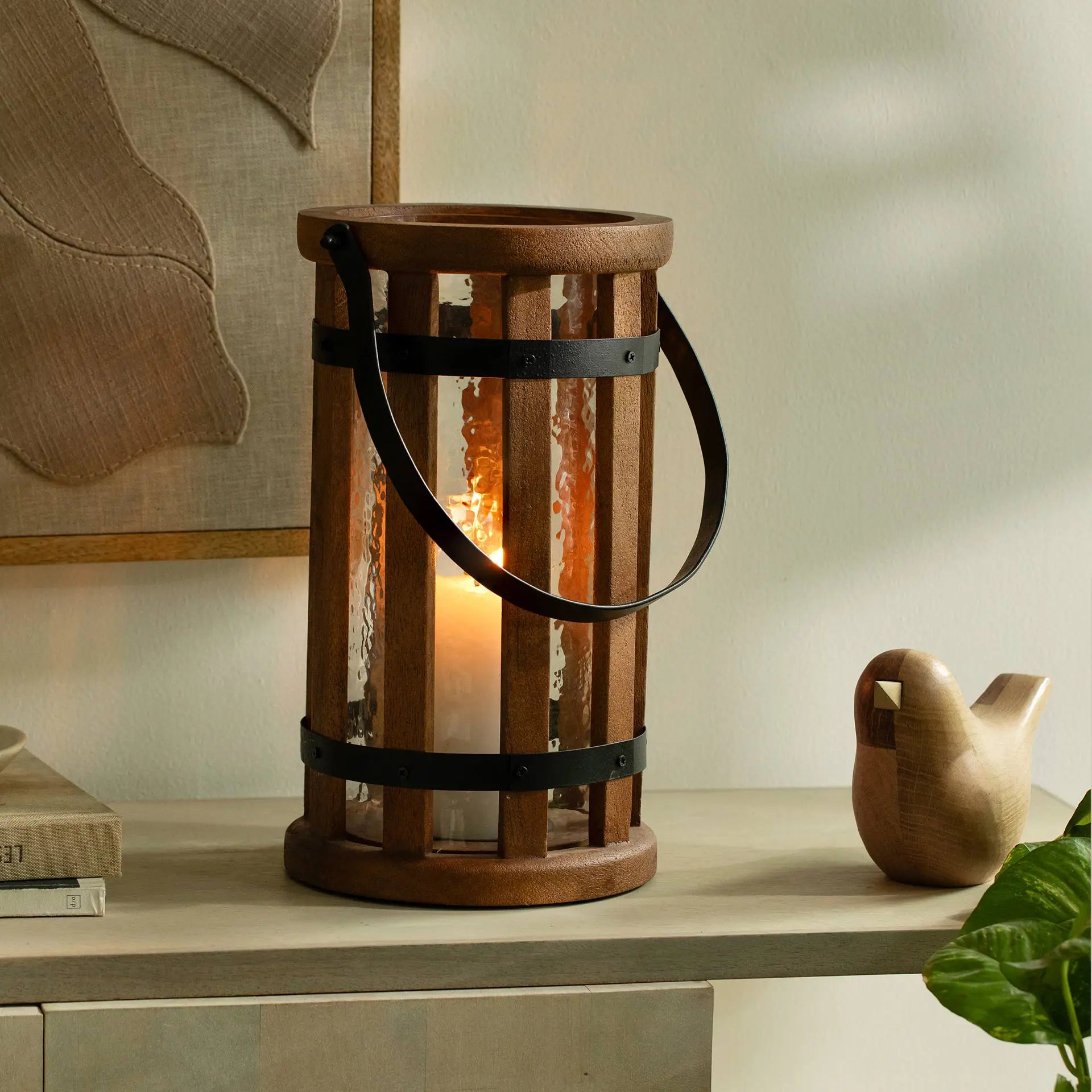 Round Wood & Glass Lantern - Brown