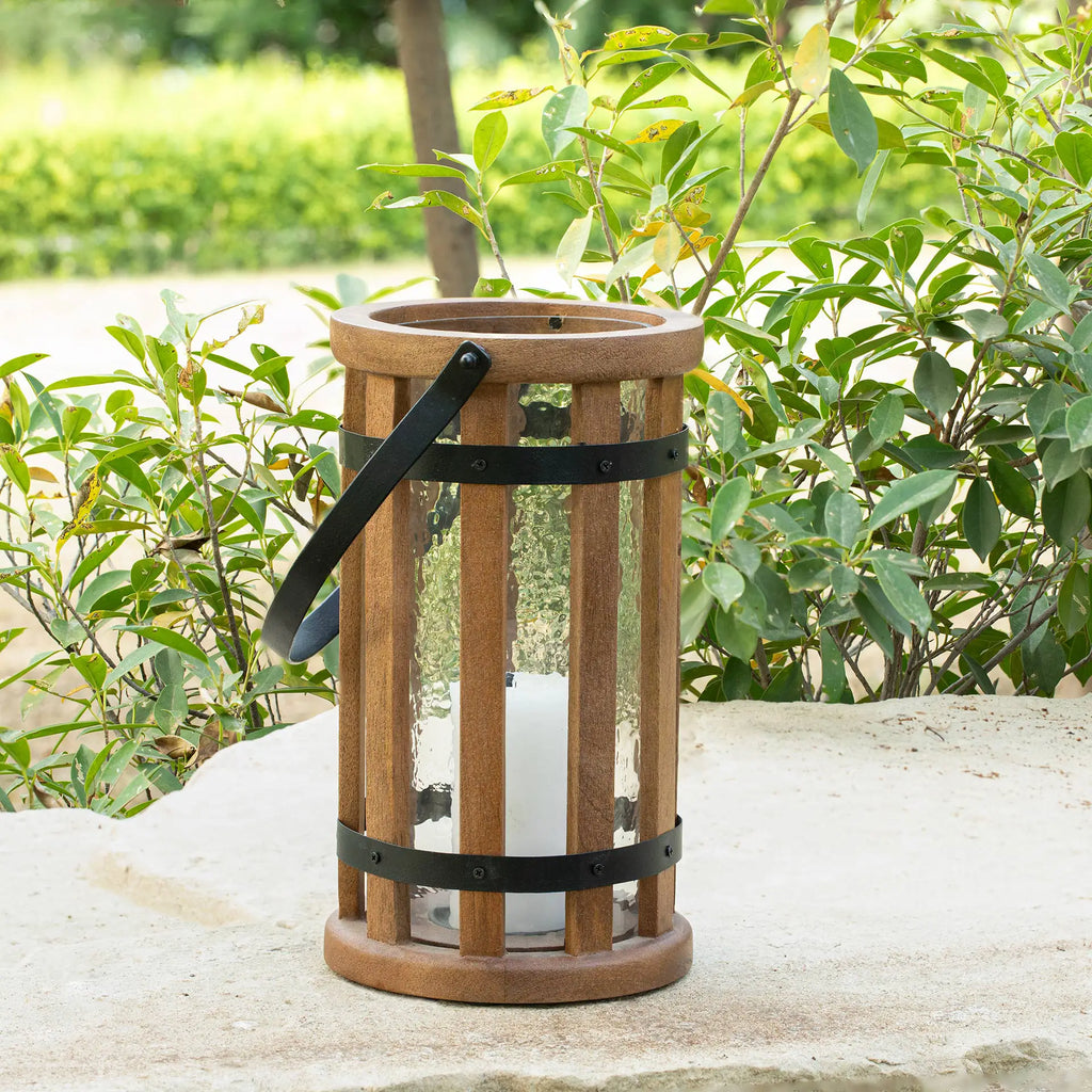 Round Wood & Glass Lantern - Brown