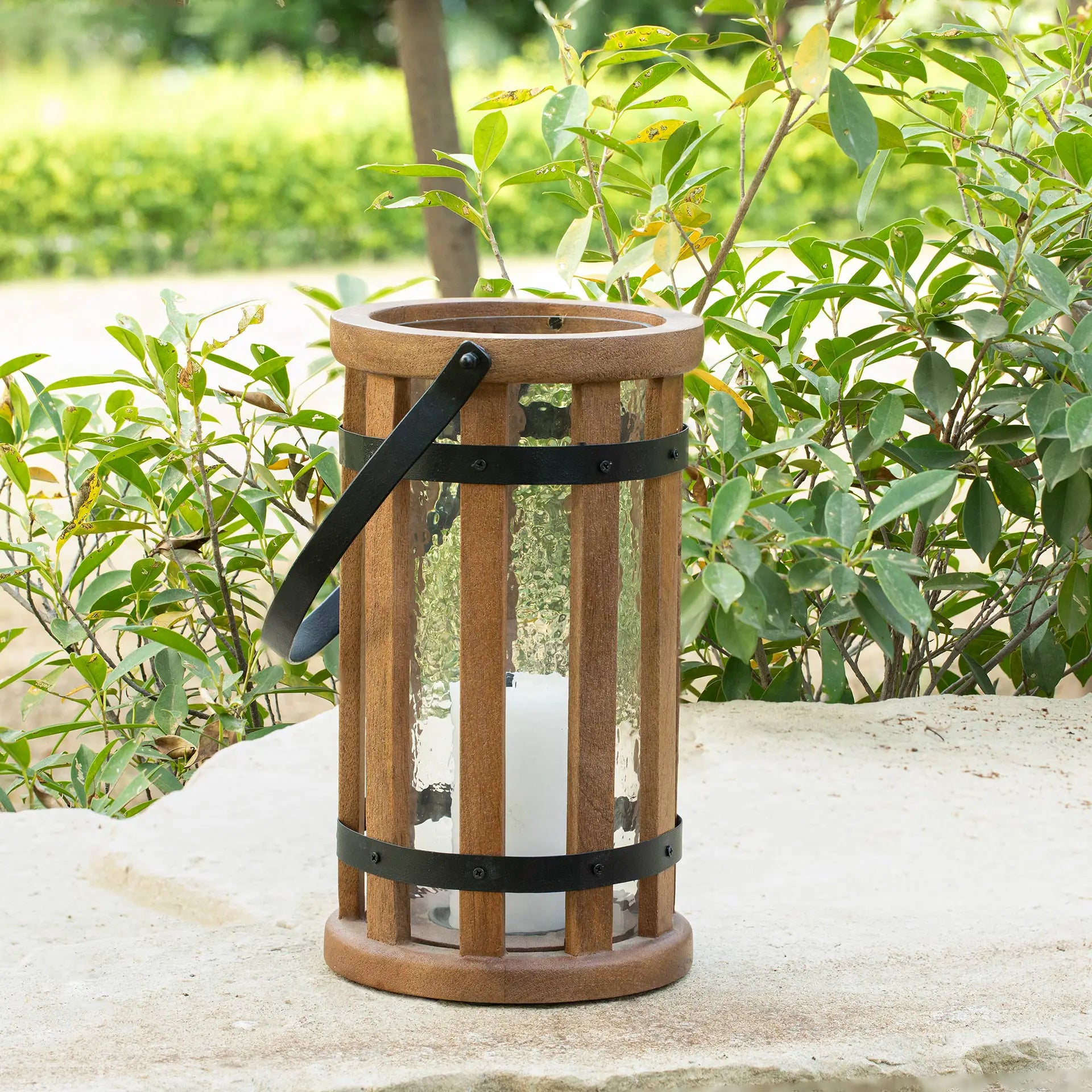 Round Wood & Glass Lantern - Brown