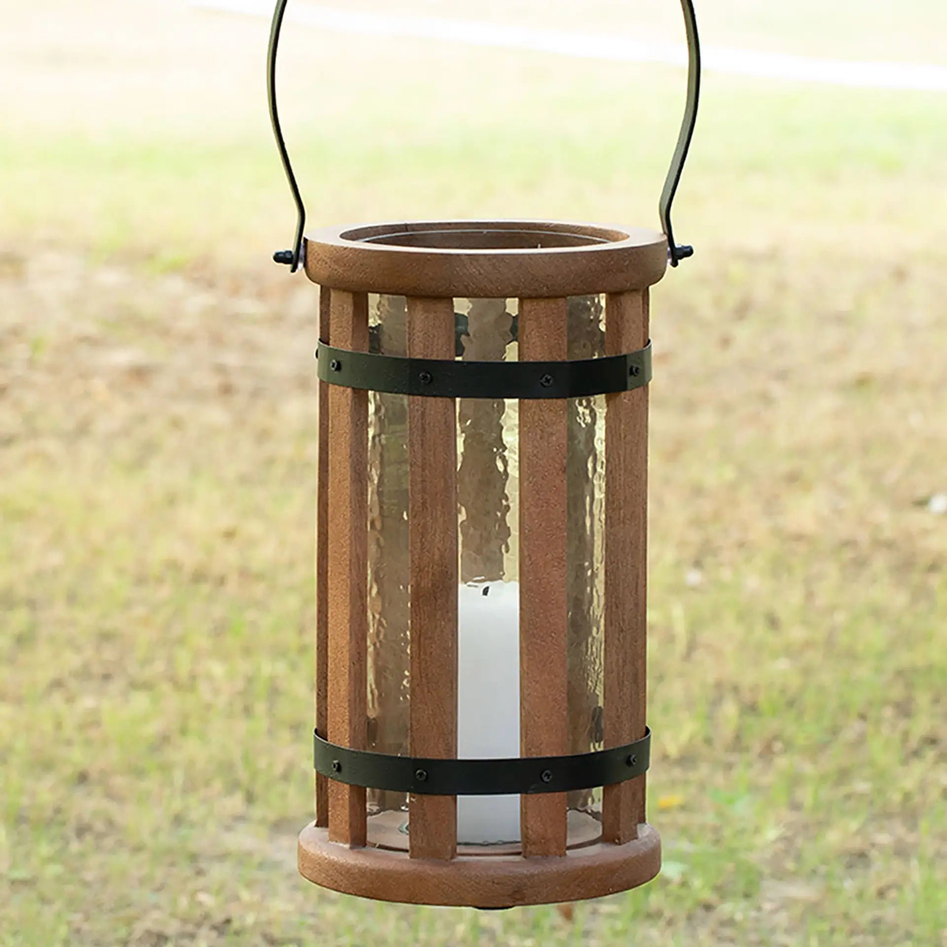Round Wood & Glass Lantern - Brown