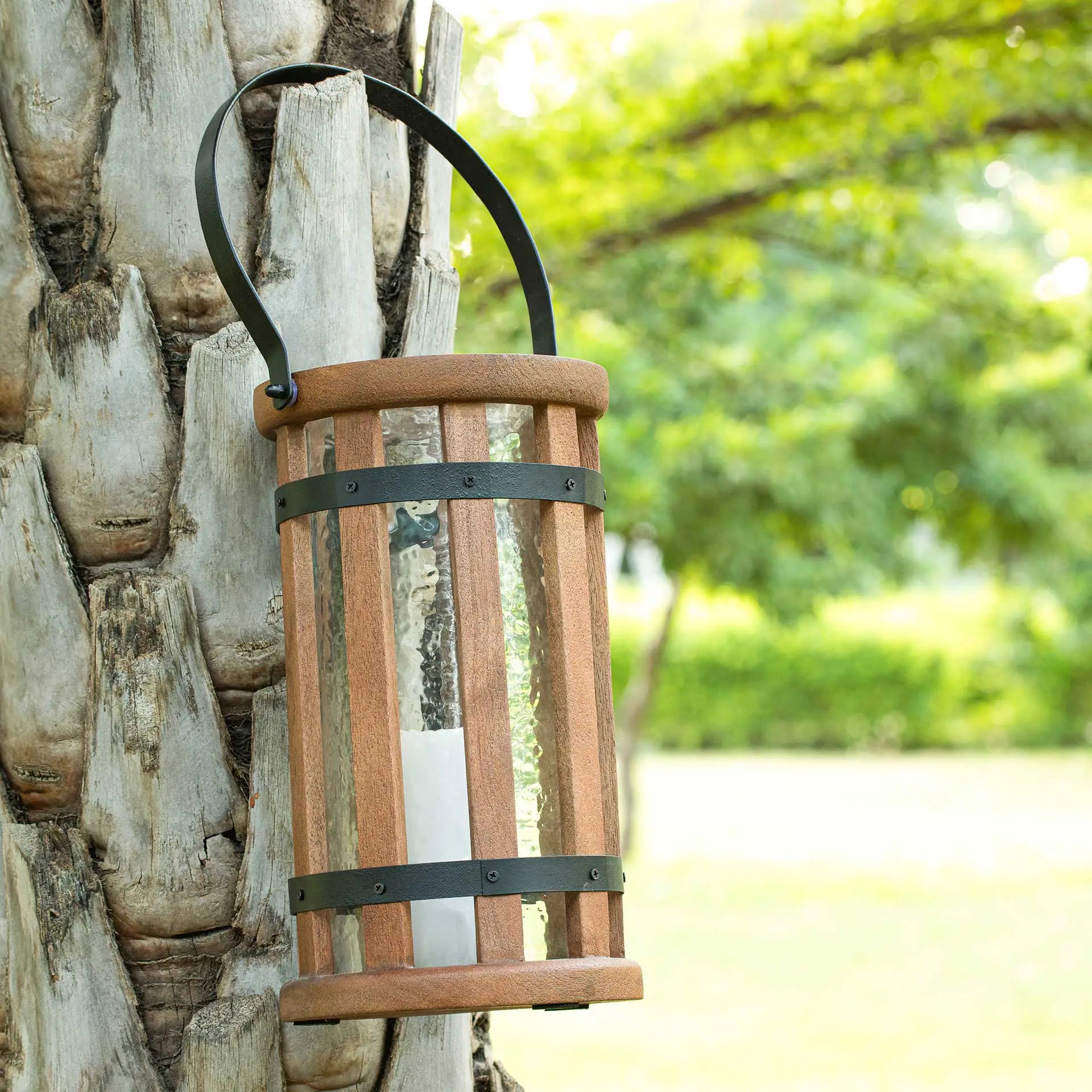 Round Wood & Glass Lantern - Brown
