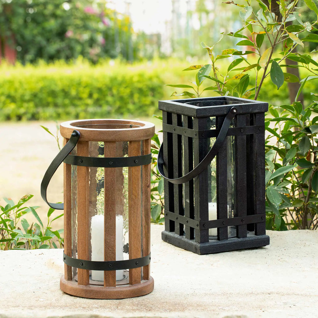 Round Wood & Glass Lantern - Brown