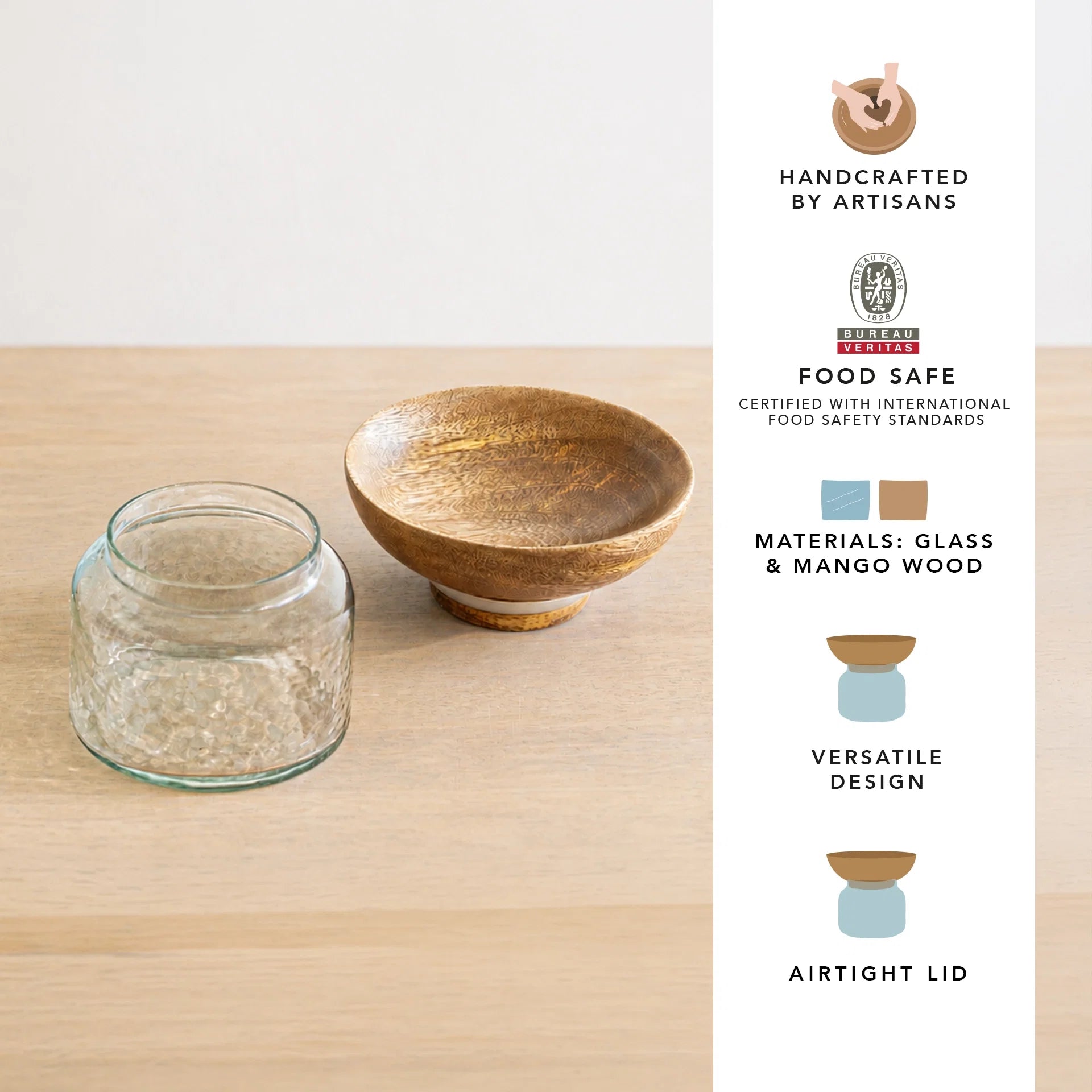 Glass Jar with Wooden Bowl Lid - Small