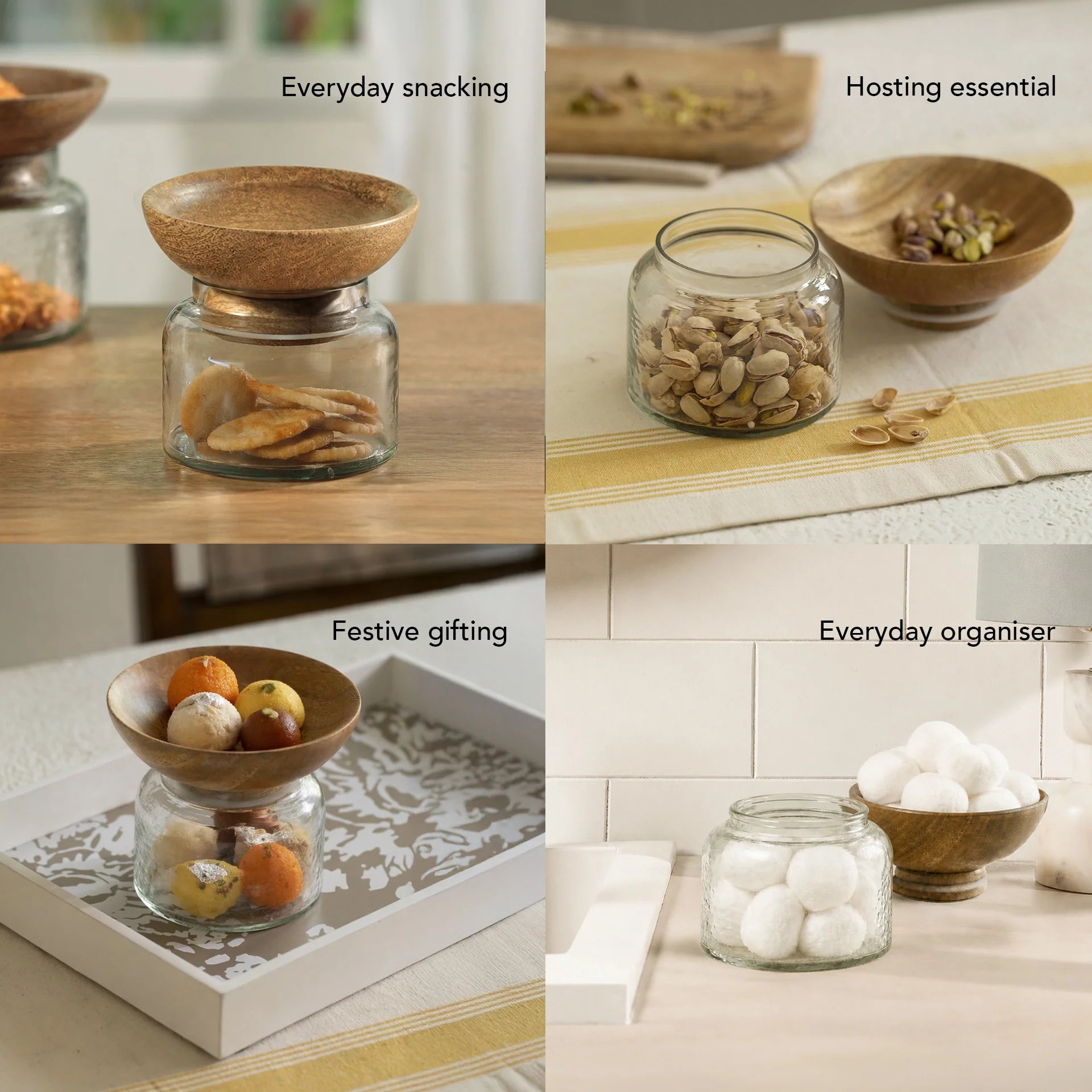Glass Jar with Wooden Bowl Lid - Small