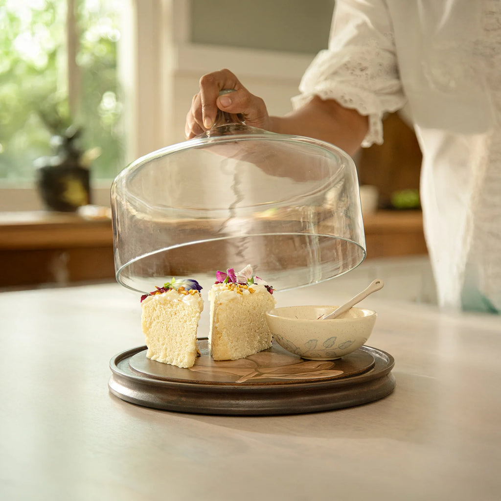 Glass Cloche with Magnolia Painted Wooden Base - Small