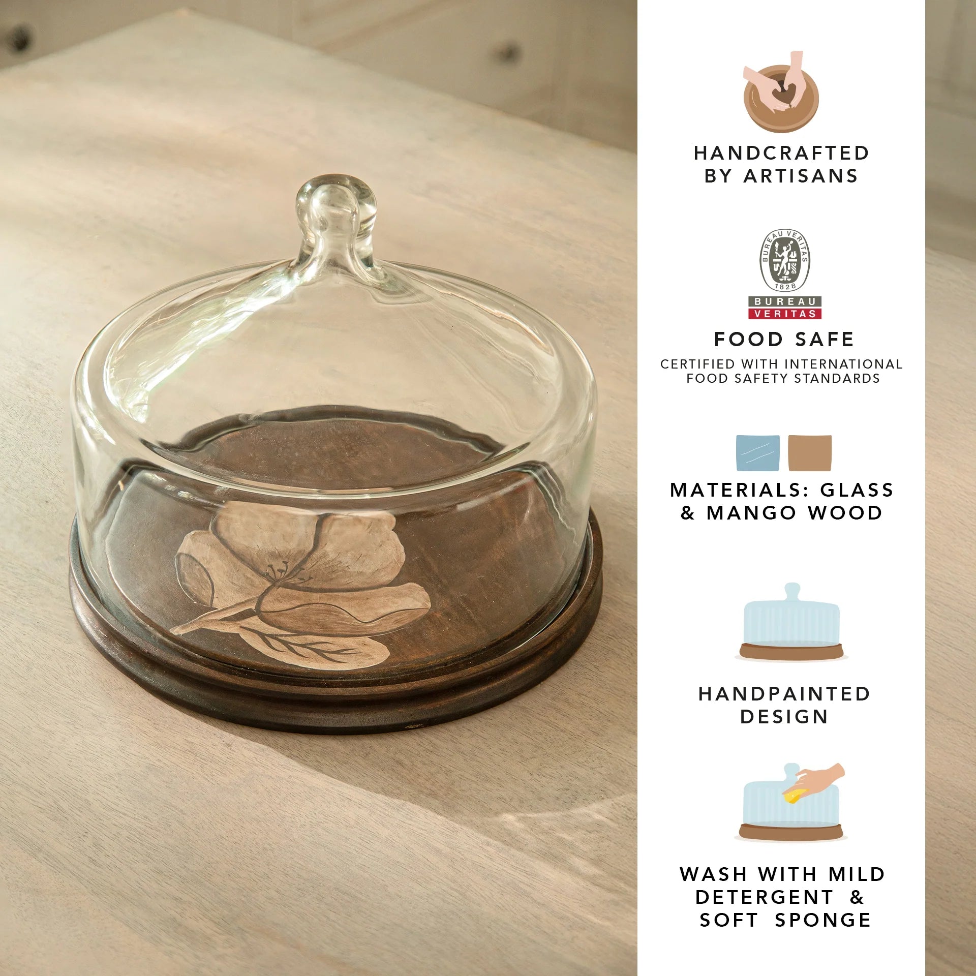 Glass Cloche with Magnolia Painted Wooden Base - Small