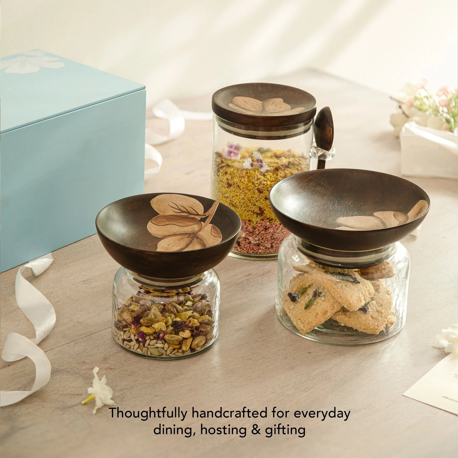 Glass Jar with Wooden Nut Bowl - Small
