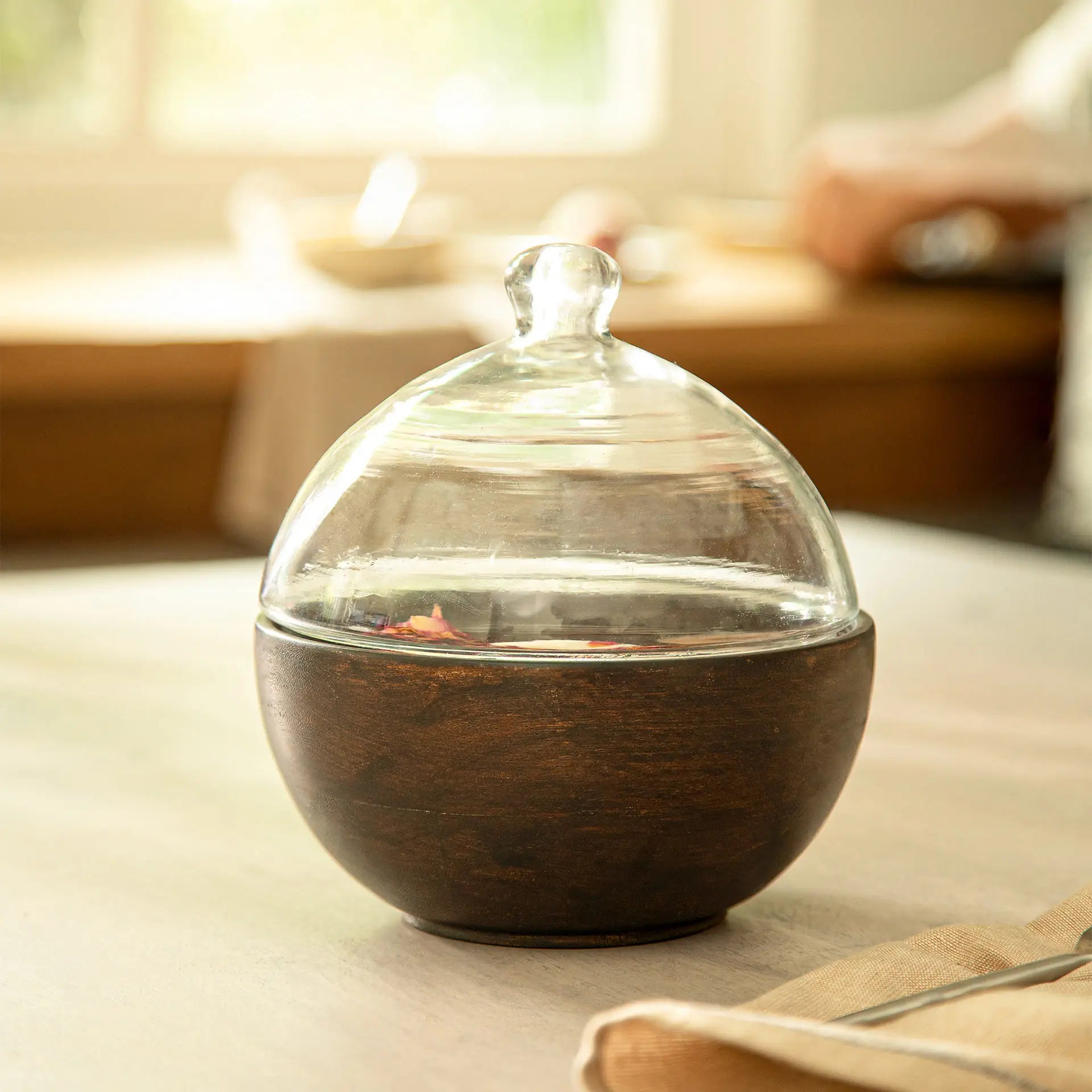 Glass Cloche with Wooden Bowl