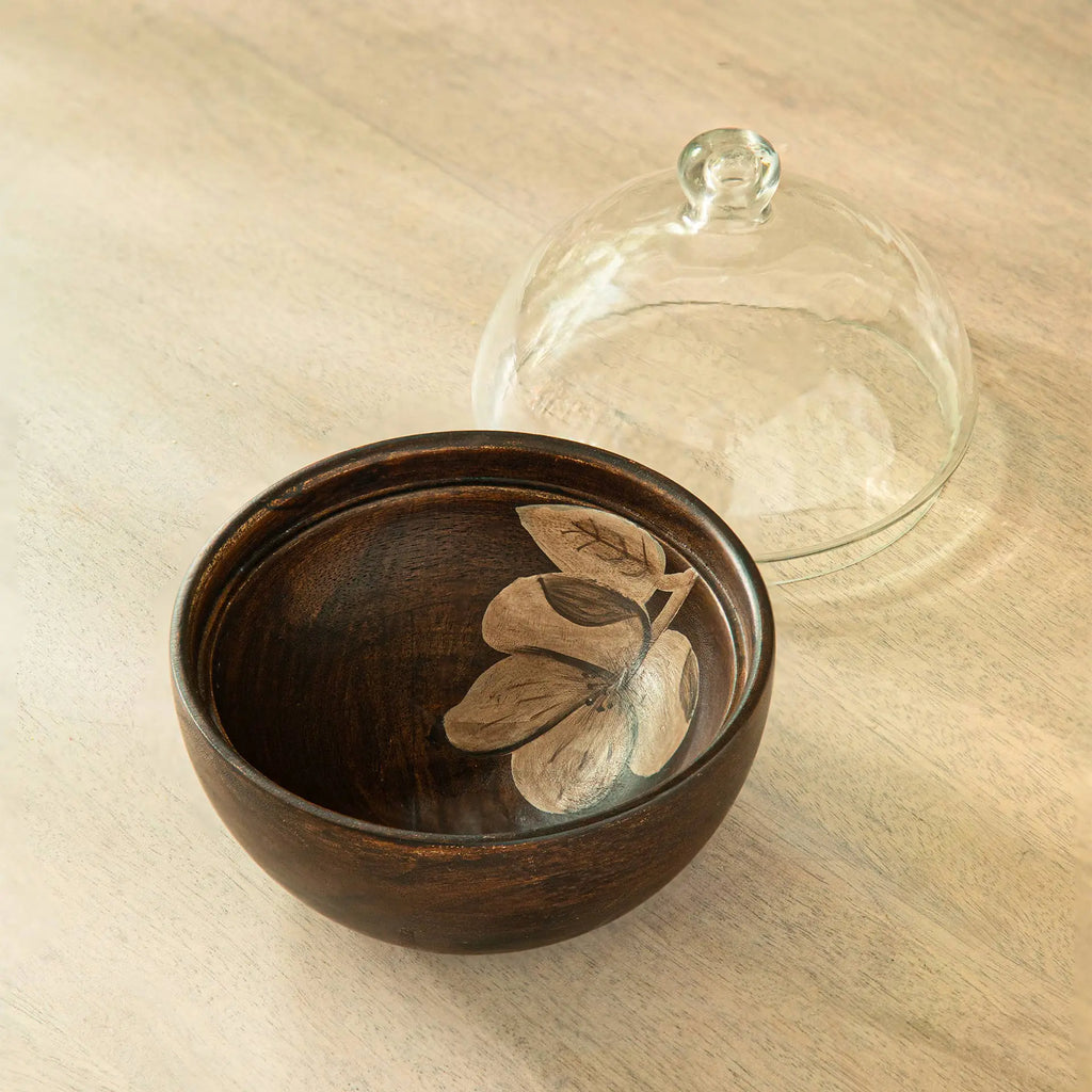 Glass Cloche with Wooden Bowl